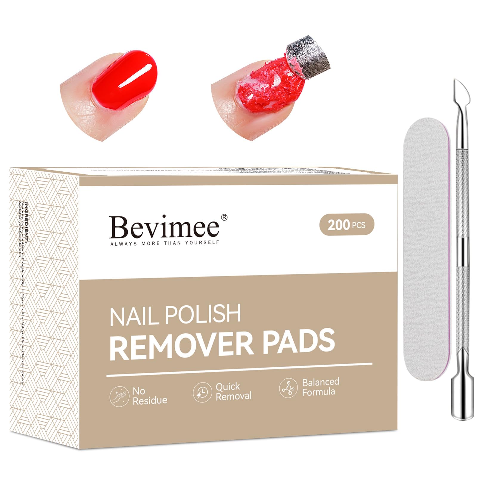 Bevimee 200 Pack Acetone Nail Polish Remover Pads, Gel Polish Fingernail Polish Remover Wet Wipes, Individually Wrapped Travel-F