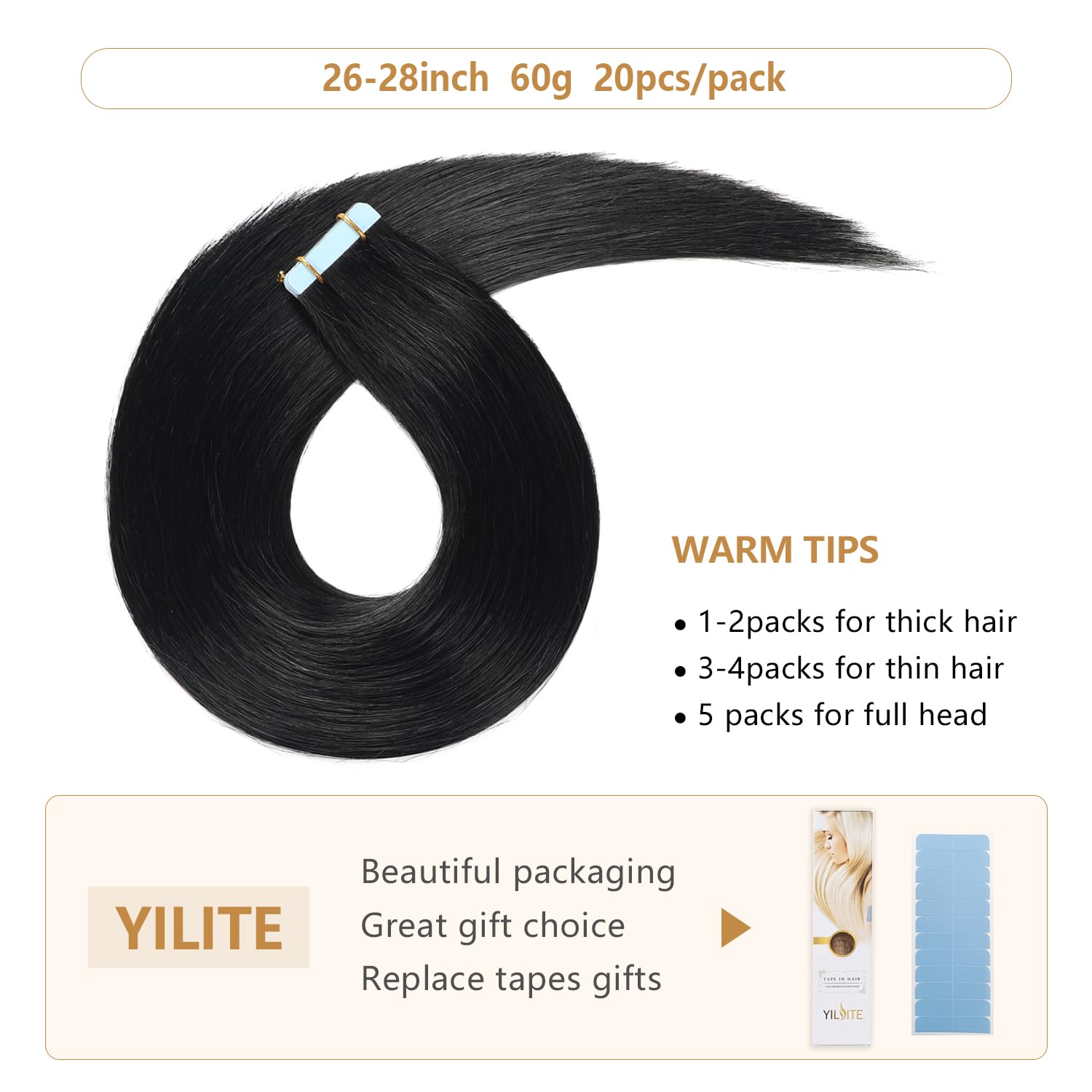 Yilite Jet Black 28Inch Tape In Hair Extensions Human Hair #1 20Pcs 60G/Pack Straight Tape In Hair Extensions Remy Human Hair Se