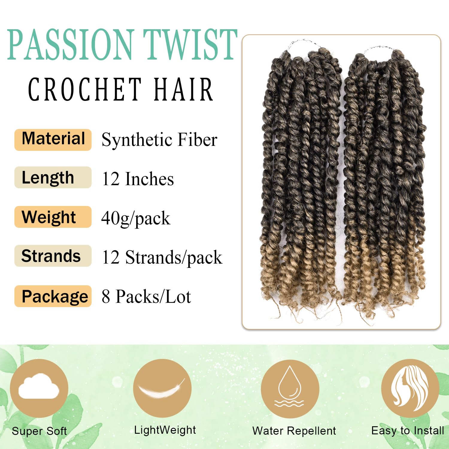 12 Inch Passion Twist Crochet Hair For Black Women 8 Packs Pre-Twisted Passion Twist Hair Crochet Braids Pre-Looped Bohemian Twi