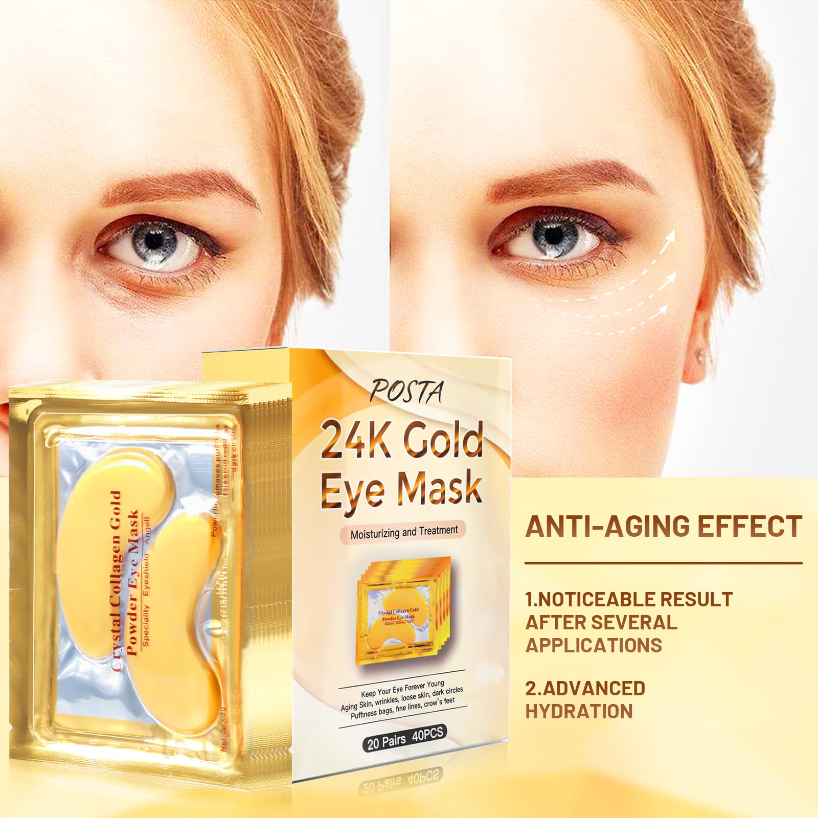 POSTA 24K Gold Eye Mask, 20 Pairs Eye Treatment Mask With Collagen, Under Eye Mask Treatment for Puffy Eyes, Dark Circles Correc