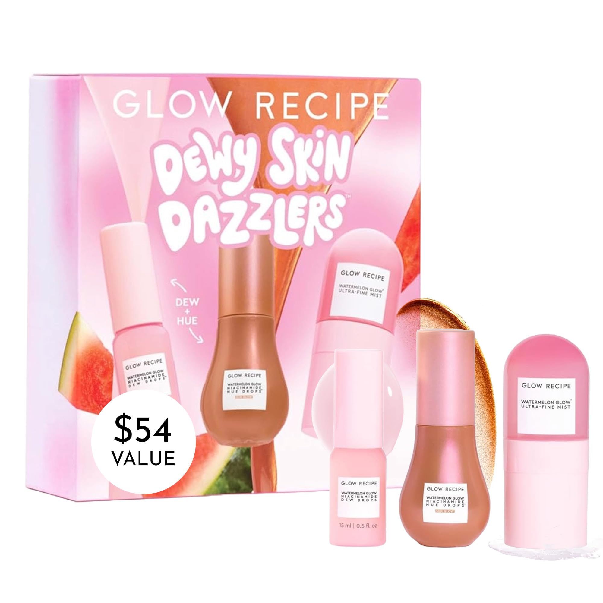 Glow Recipe Dewy Skin Dazzlers Travel Size Gift Set - Niacinamide Dew Drops Face Serum + Hue Drops Bronzing Serum + Watermelon G