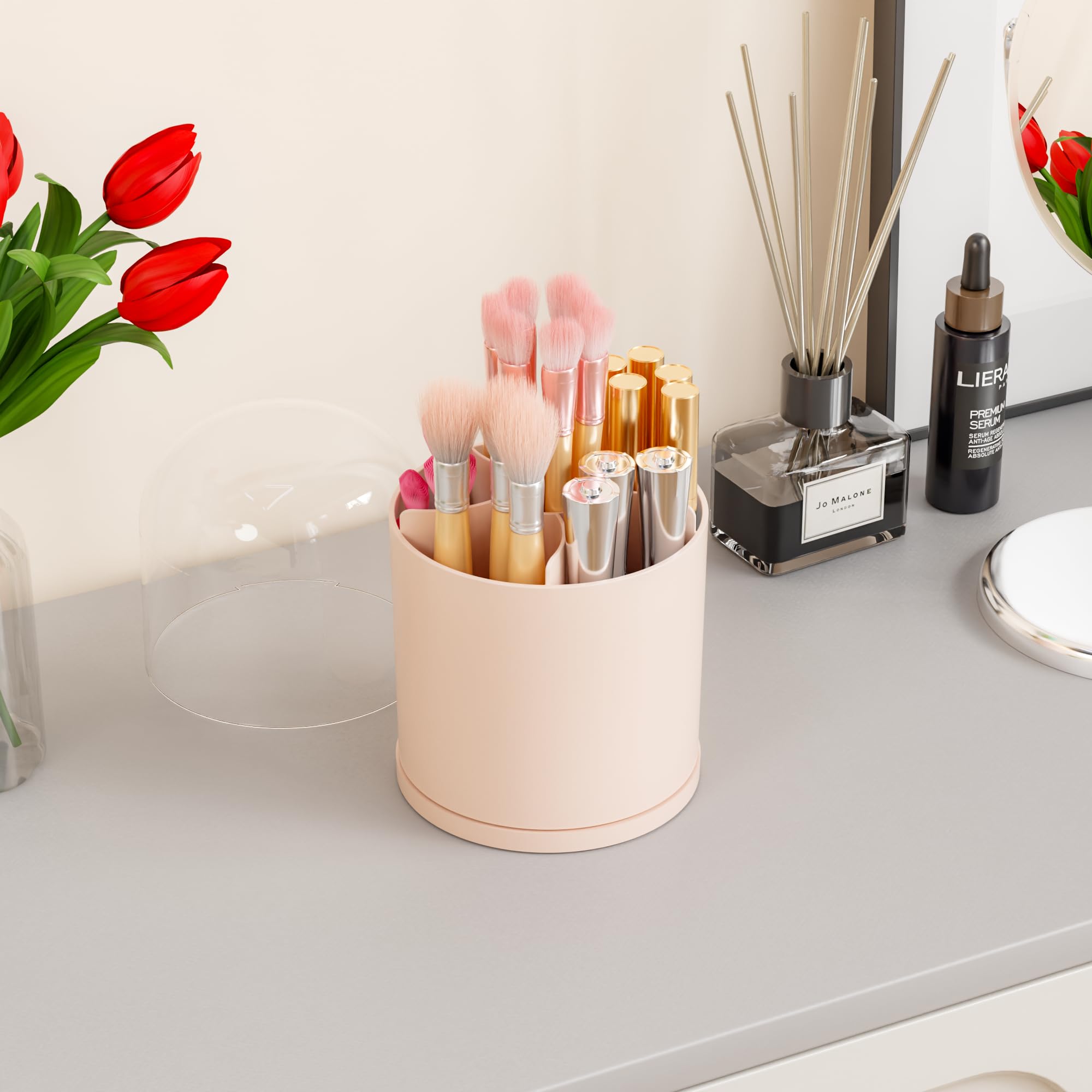 Yieach Rotating Acrylic Makeup Brush Holder with Lid for Vanity,Bathroom,Countertop,Covered Makeup Brushes Organizer,Round Spinn