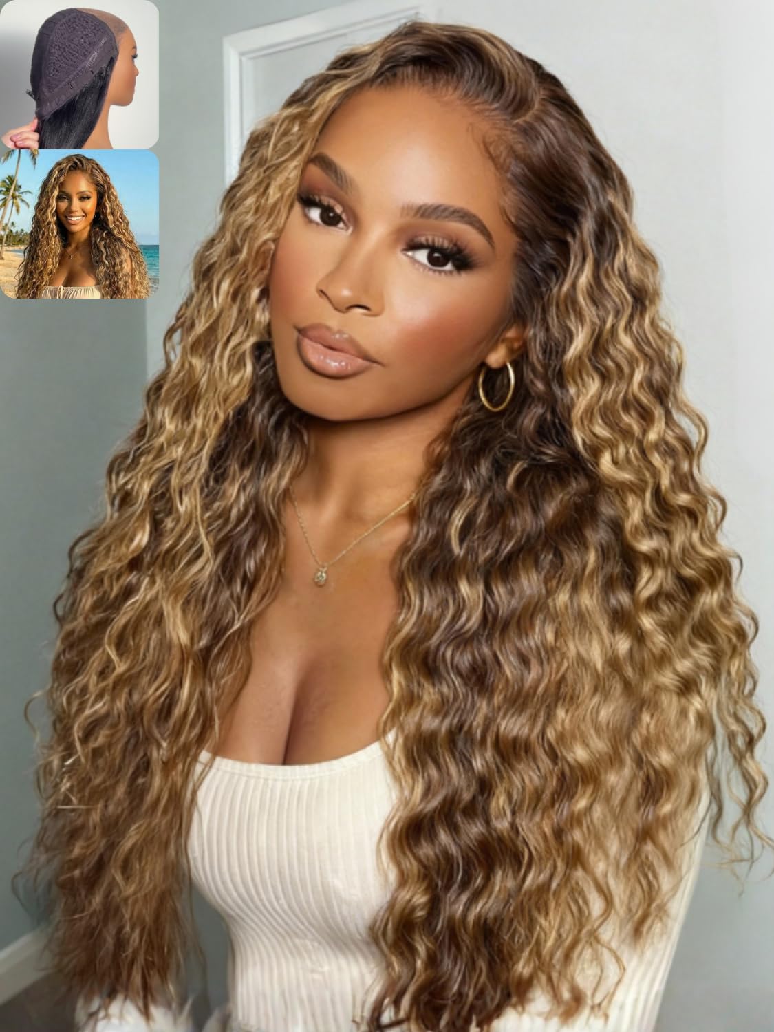 Nadula No Slip 13x4 Caramel Brown with Honey Blonde Highlight Water Wave Drawstring Wig Human Hair, Pre Cut Glueless Lace Front 