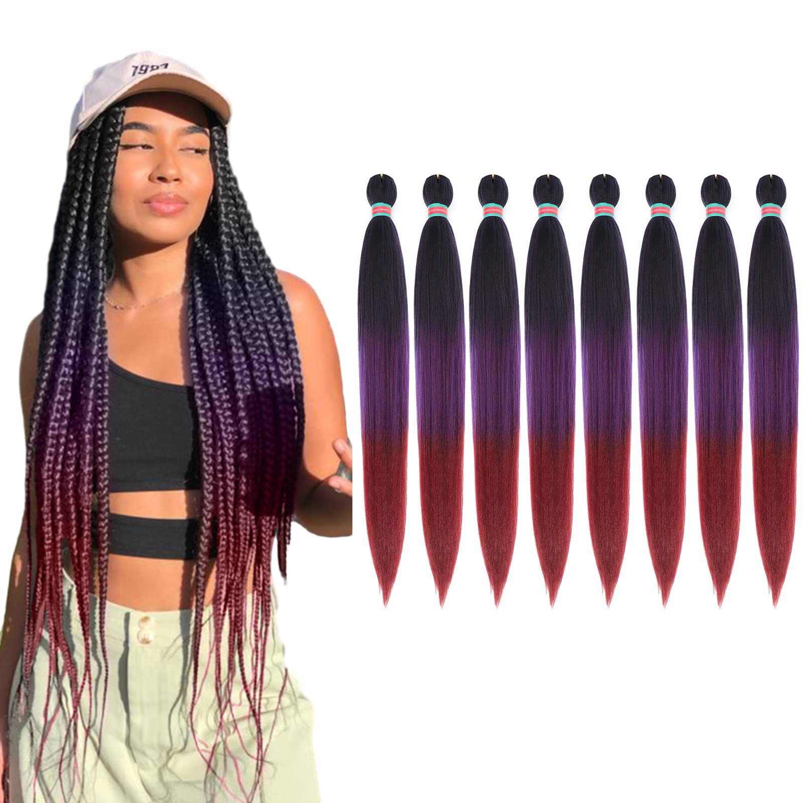 RUN SHUI Ombre Pre stretched Braiding Hair, 36 Inch 3 tones Kanekalon Braid Hair Extensions, 8 packs Multi Color blend braiding 