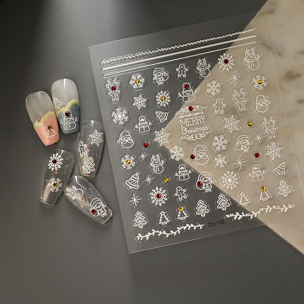 5D Embossed Christmas Nail Art Stickers Snowflake Nail Stickers Snowman Christmas Tree Nail Decals For Women Girls Winter Xmas H
