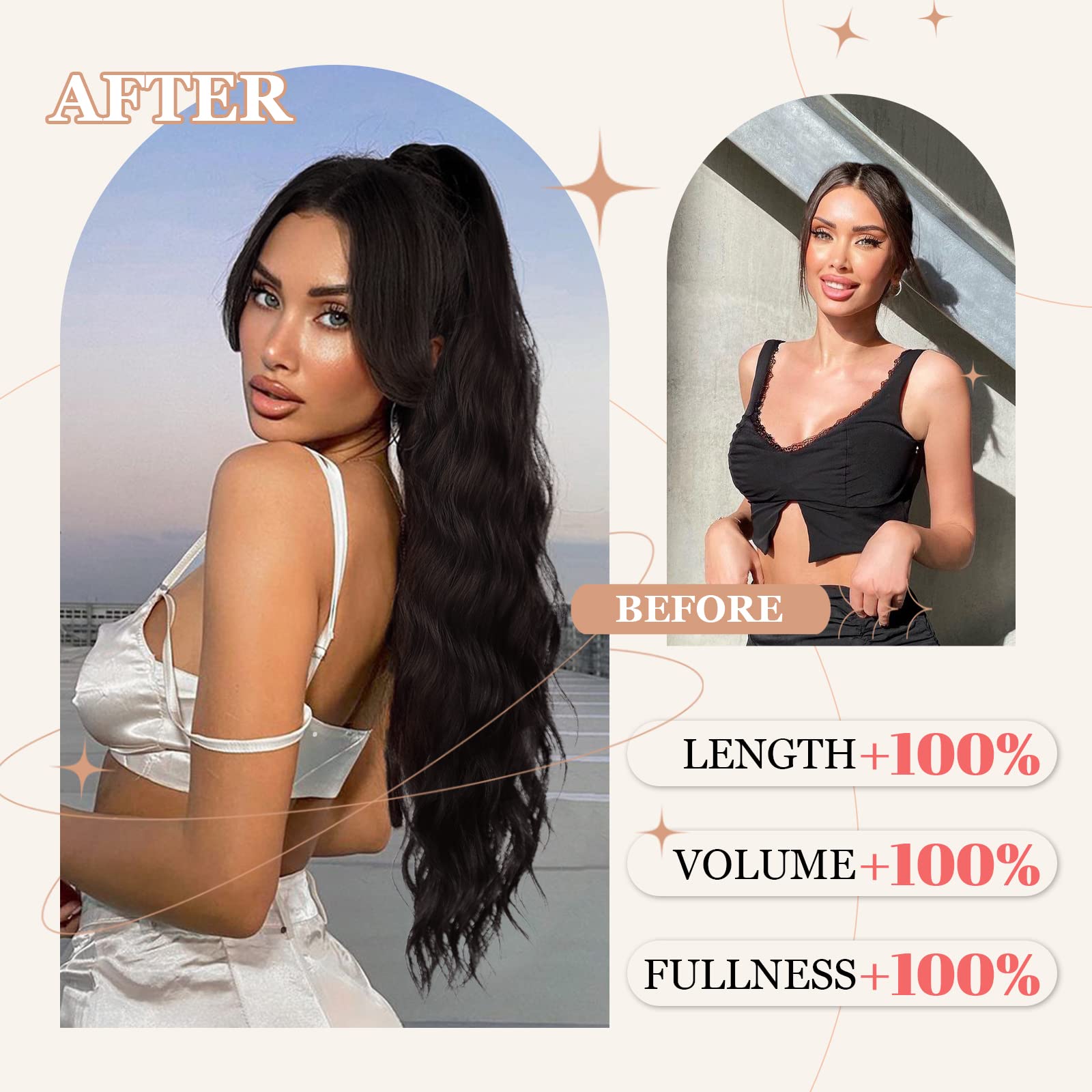 Freemeige Ponytail Extension, 26 Inch Long Wavy Drawstring Ponytail For Women Dark Brown Pony Tail Hair Extension Synthetic Pony