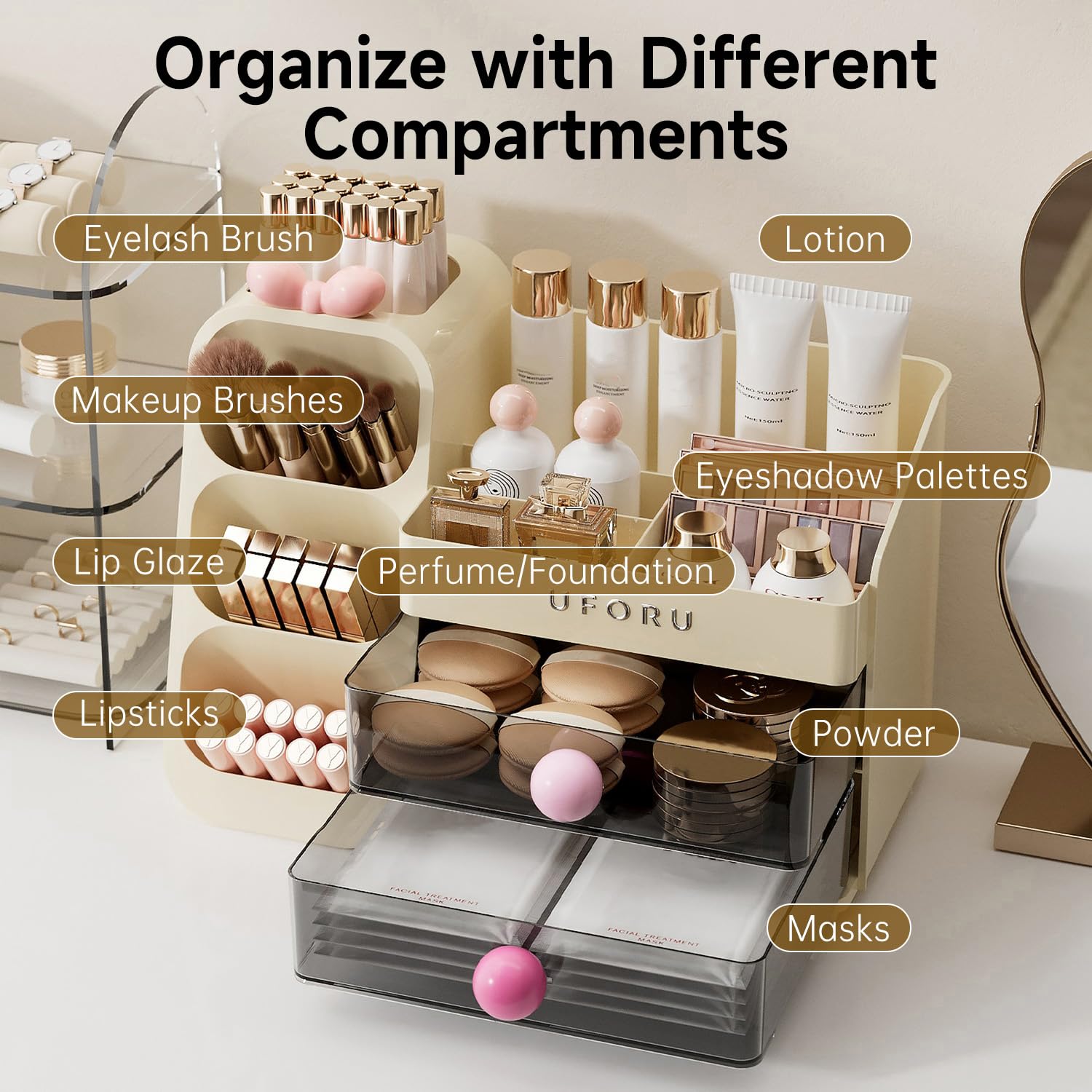 UFORU Makeup Organizer for Vanity with Brush Holder, Countertop Organizer with 2 Drawers, Spacious Cosmetic Display Case for Bea