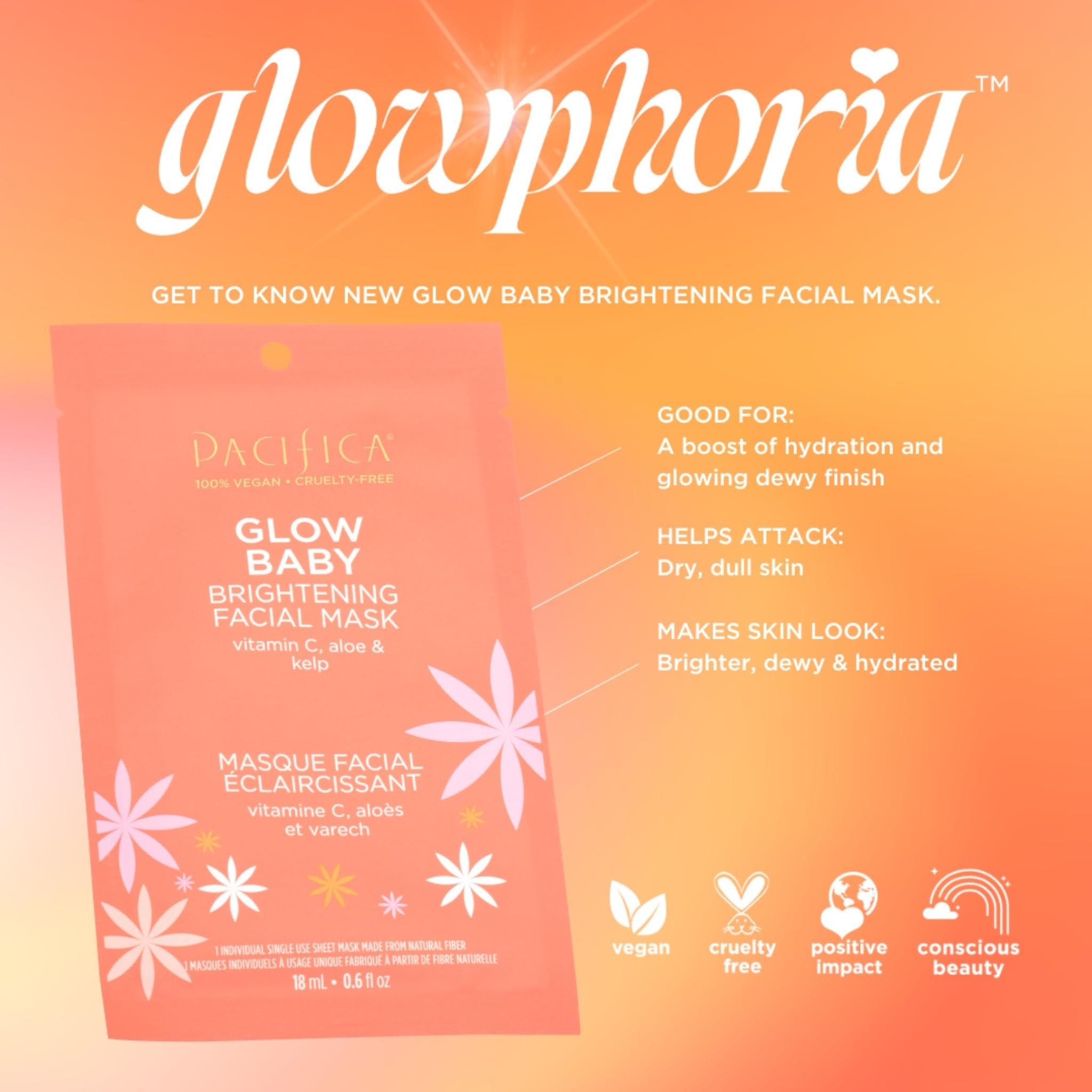 Pacifica Beauty Glow Baby Brightening Facial Mask, Skincare, Sheet Mask, Vitamin C, Aloe, Kelp, Dark Spots, Fine Lines, Cooling