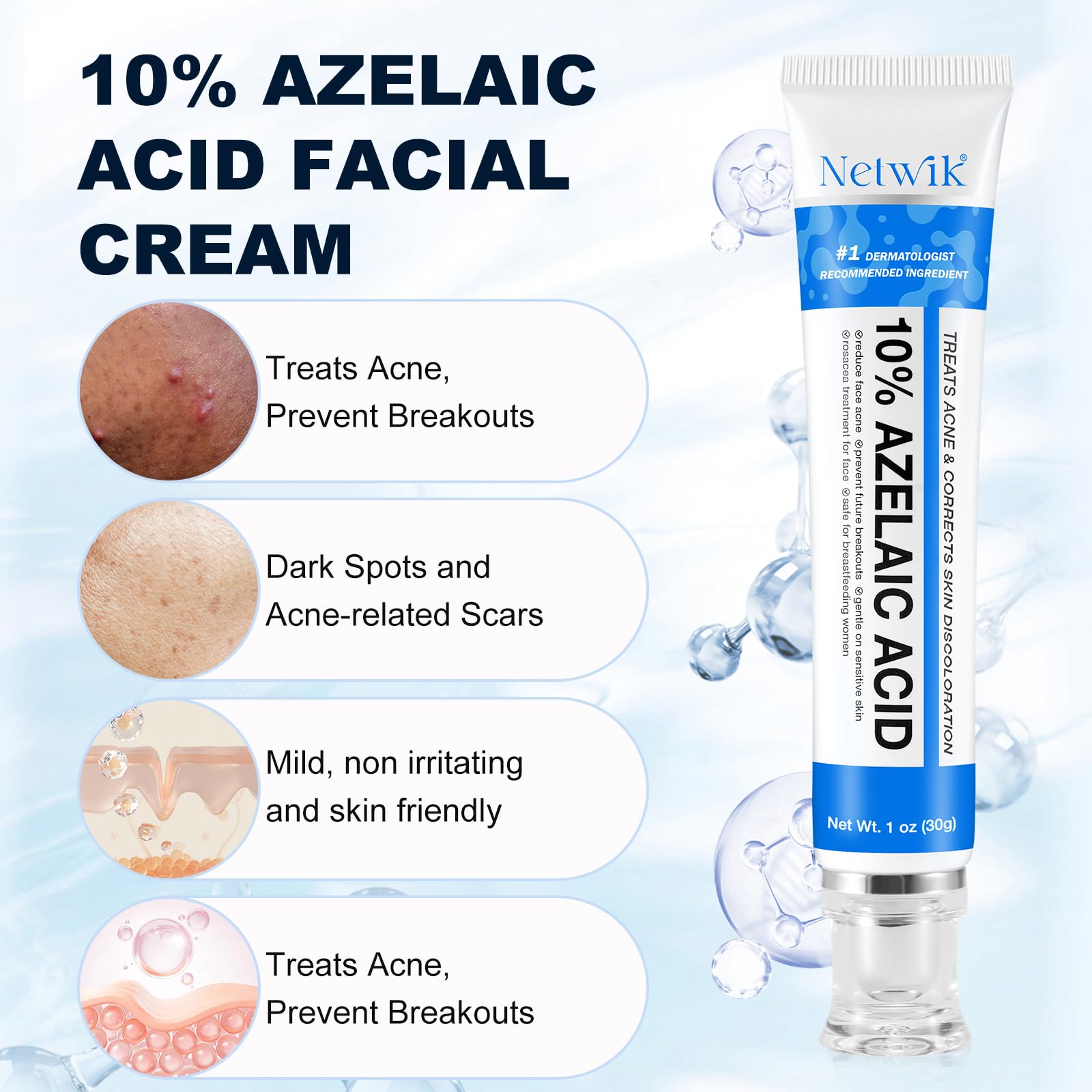 Azelaic Acid 10% Cream for Face - Acne Cream for Rosacea Reducing Relief Pimple Breakouts Blackhead Pigmentation and Redness - A