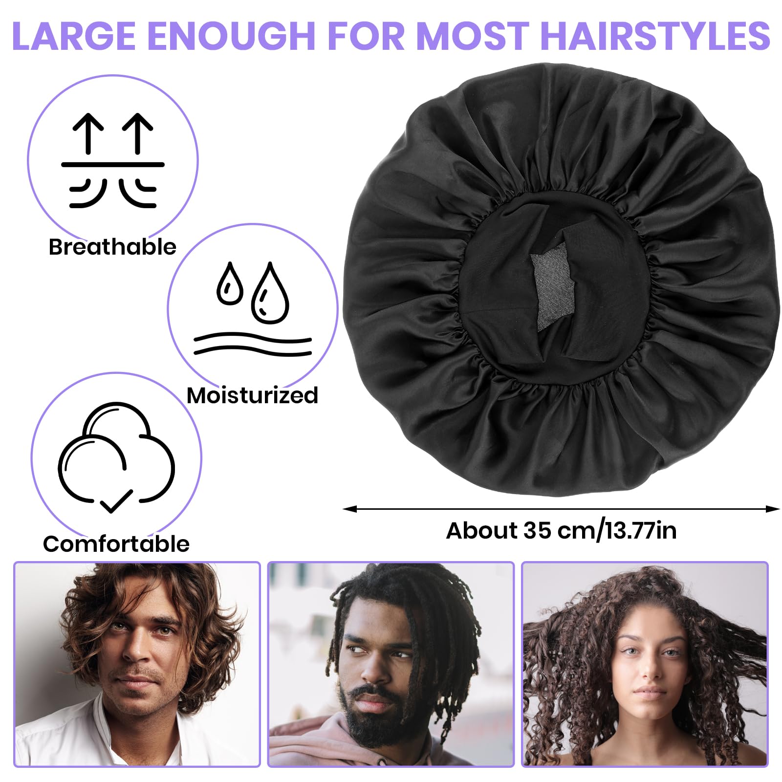 Wllhyf Silk Bonnet For Men, Satin Bonnet Double Layer Elastic Band Silk Sleep Cap Black Soft Adjustable Hair Cap Hair Wrap Large