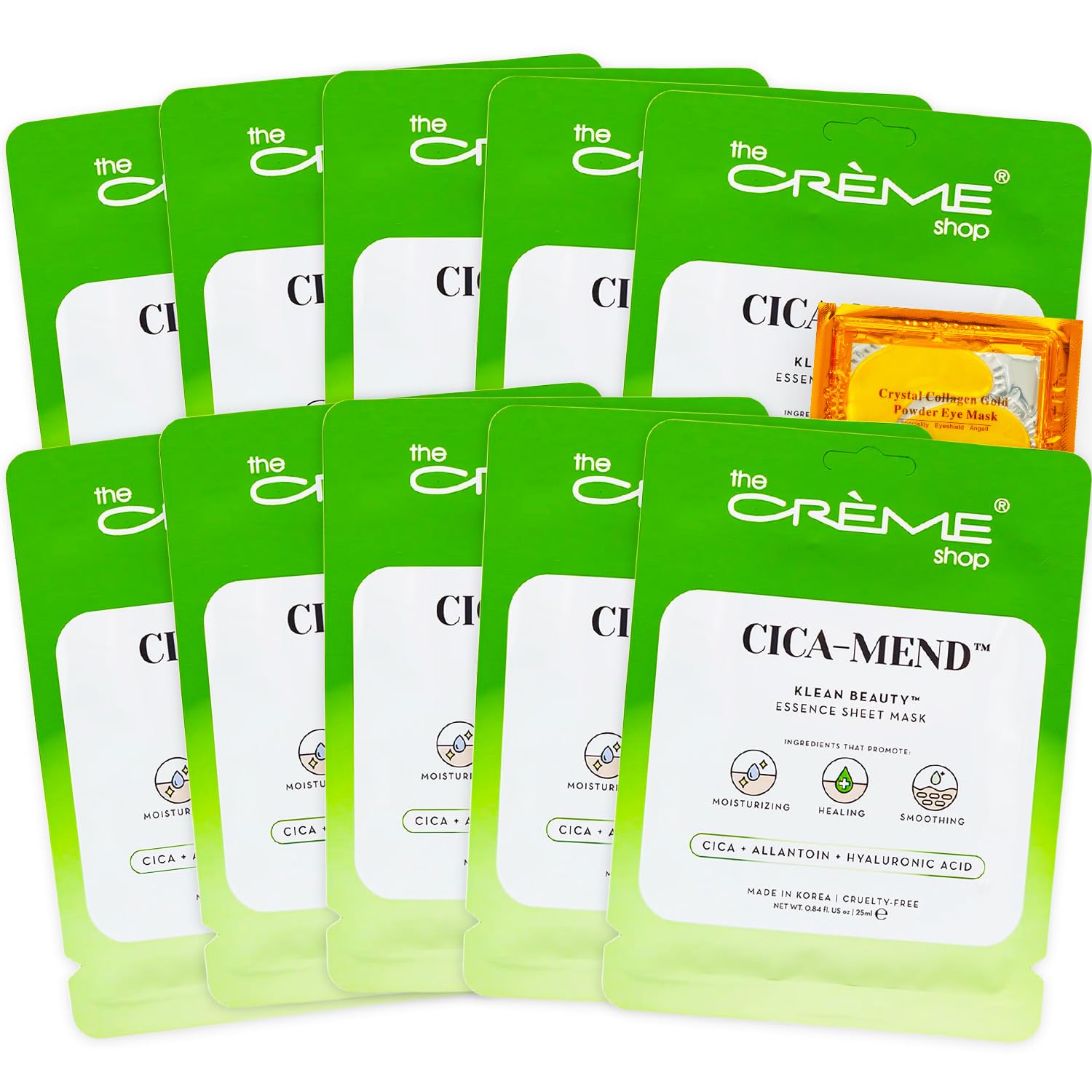 The Crme Shop Face Mask 10 Pack  Bundle with 10 CicaMend Klean Beauty Essence Sheet Masks Made in Korea with Cica, Allantoin, 
