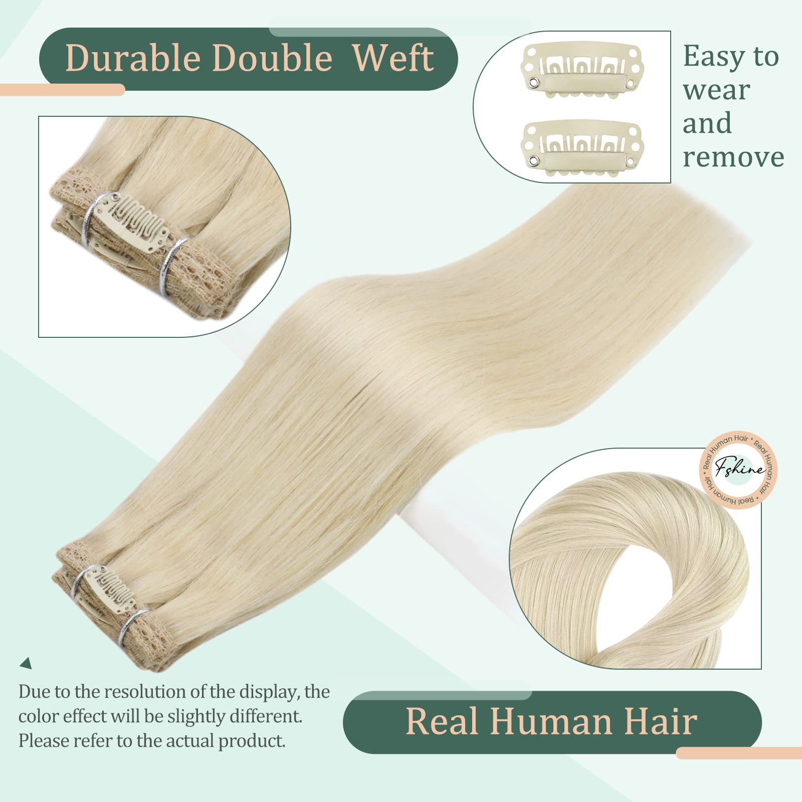 Clip In Hair Extensions Real Human Hair, Fshine 14 Inch 120G Thick Seamless Hair Extensions Clip In Human Hair Platinum Blonde S