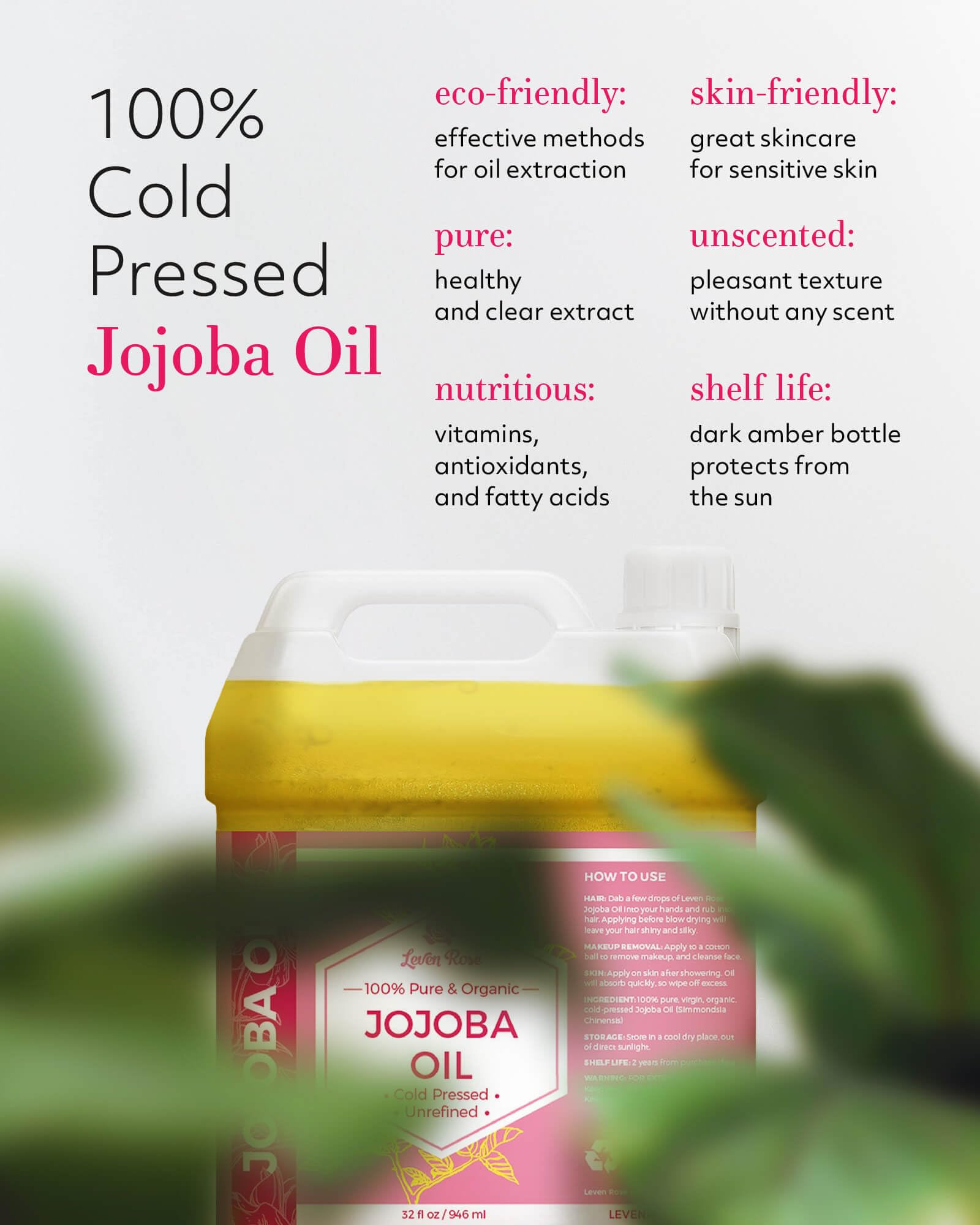 Leven Rose Jojoba Oil - 32 oz, Bulk Wholesale for Skin, Hair & Nails, Color: Rose, Model: LR