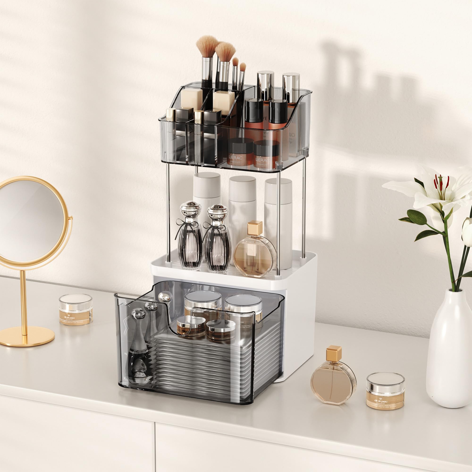 Doadw 3 Tier Makeup Organizer Countertop With Drawer - Bathroom Makeup Organizer Countertop - Small Multi-Purpose Skin Care Orga