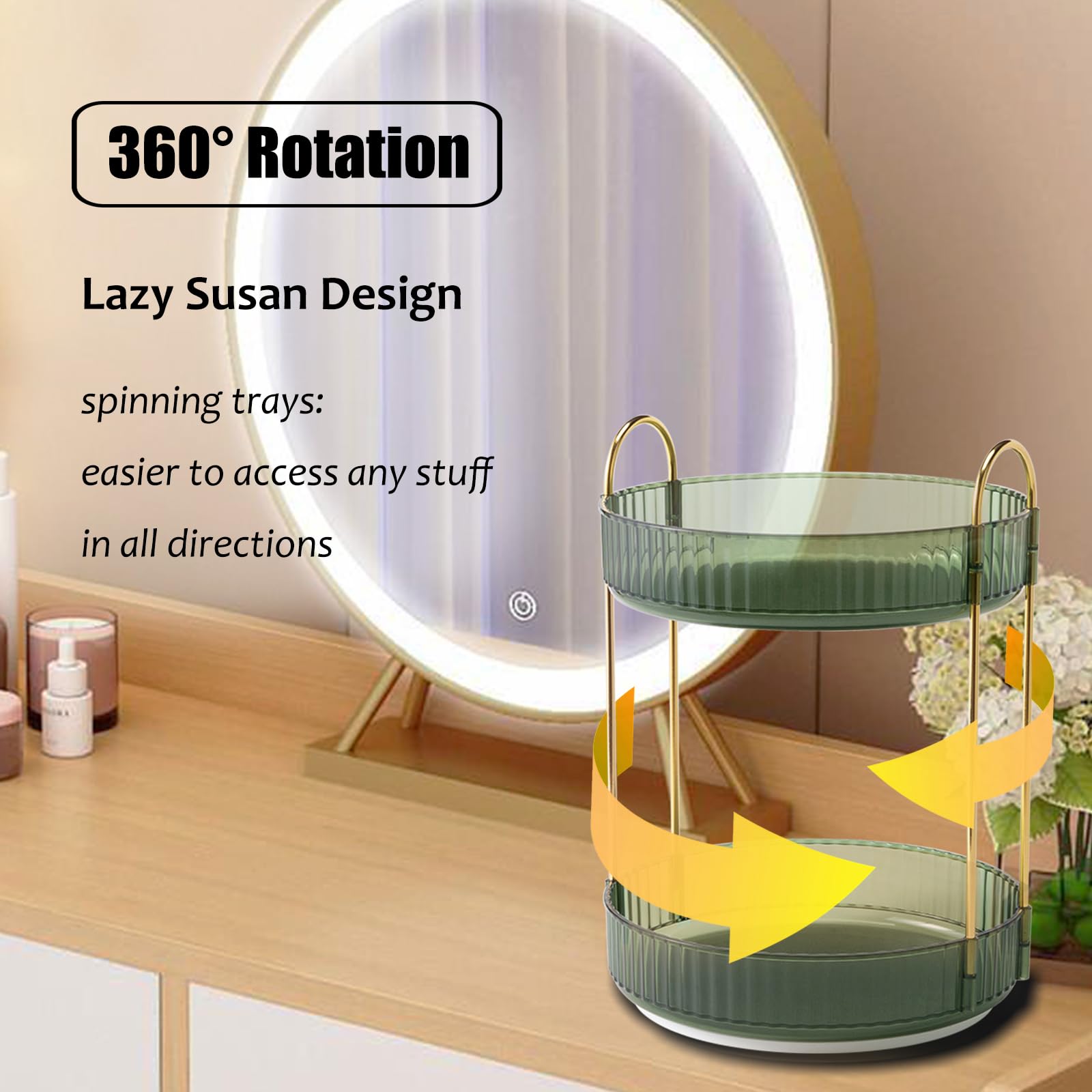 Zufudo Rotating Makeup Organizer 2 Tier Lazy Susan Trays Skincare Perfume Organizer For Bathroom Counter Vanity, Green Gold