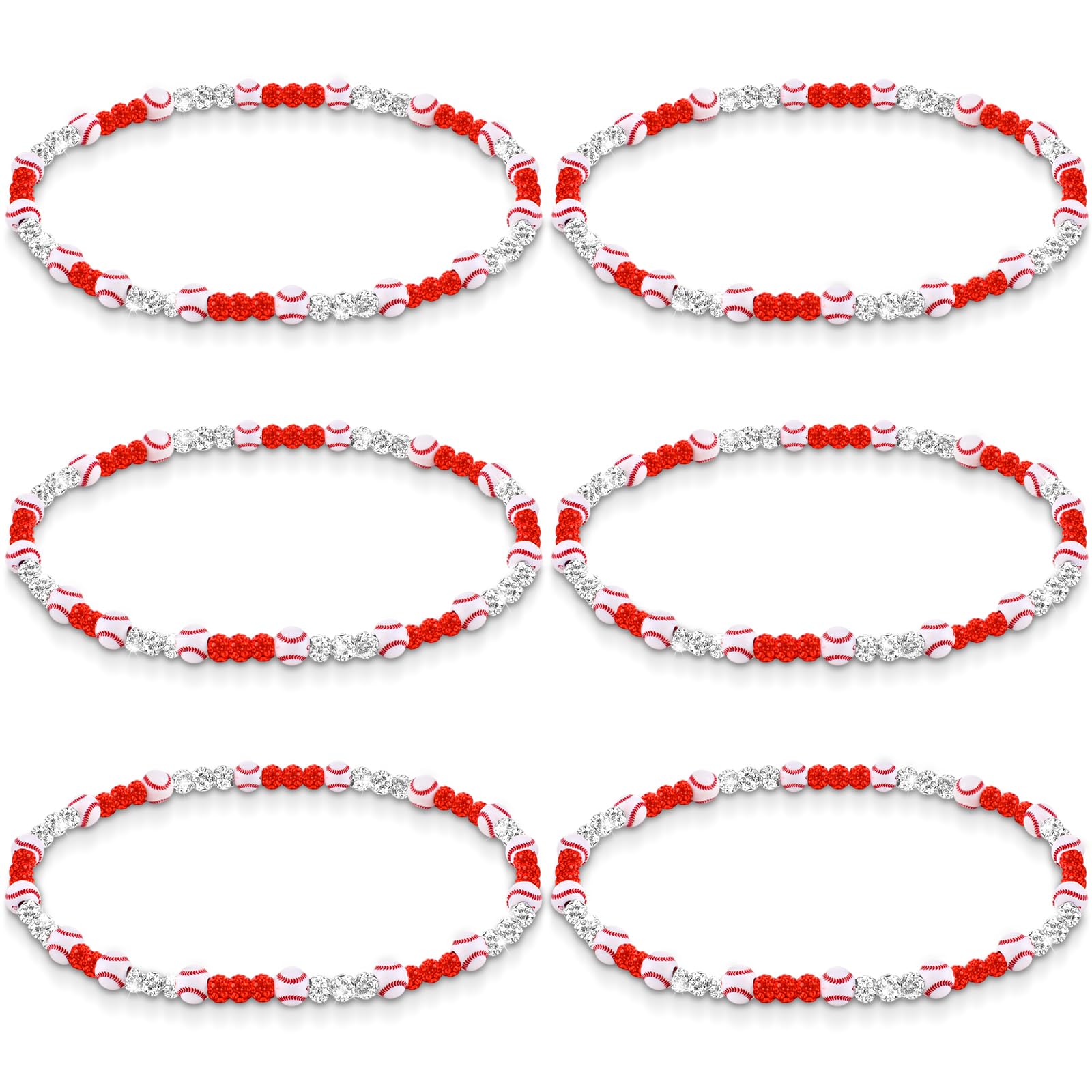 Liliaafar 6 Pcs Baseball Beaded Necklace for Teenager Bling Rhinestone Clay Beaded Necklace Gifts for Sports Team Fans(White, Re