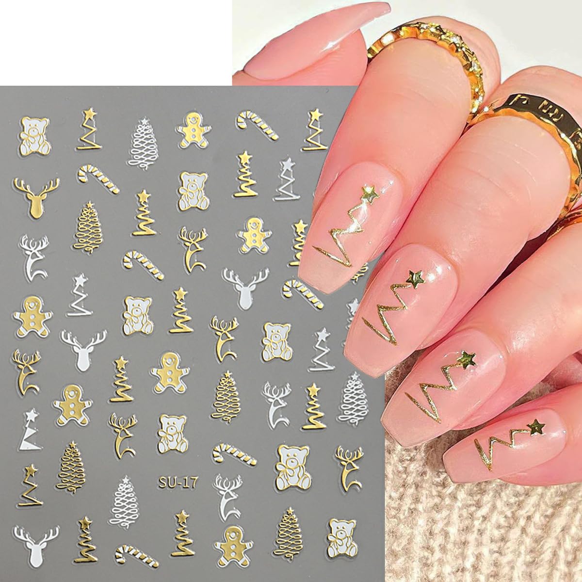 8 Sheets Christmas Nail Art Stickers 3D Metallic Nail Decals Elk Snowflake Xmas Tree Winter Xmas Nail Design Gold Silver Self Ad