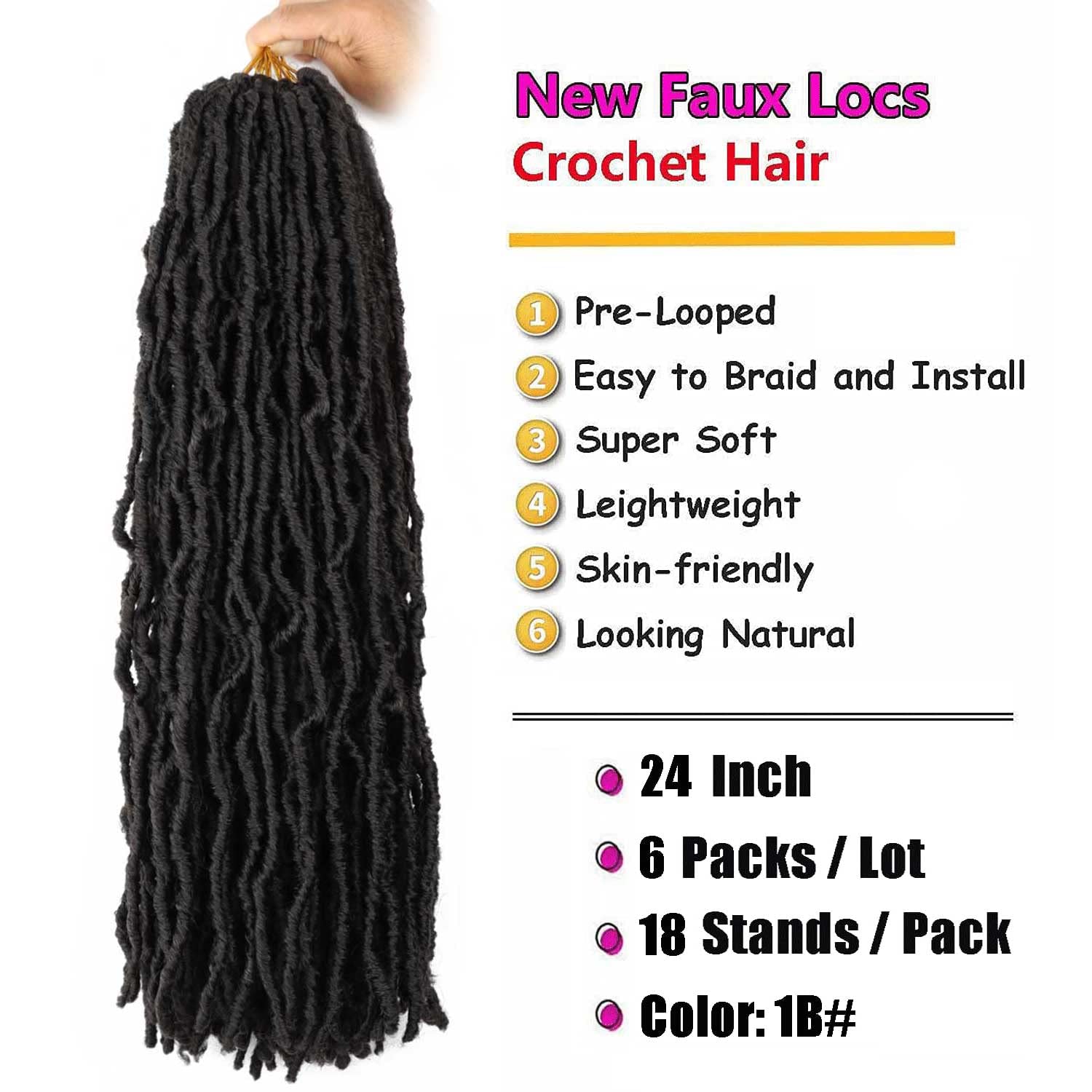 24 Inch Faux Locs Crochet Hair Pre Looped 6 Packs Soft Locs Crochet Braids Goddess Locs Dreadlocs Synthetic Hair For Black Women