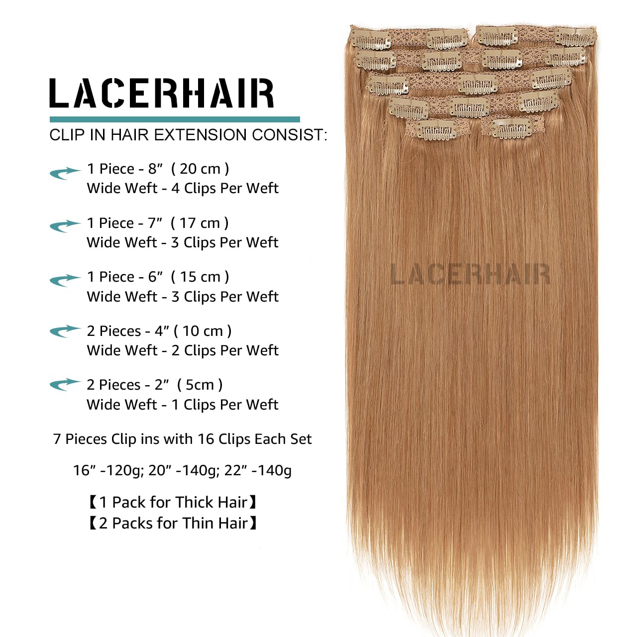 Lacer Clip In Hair Extensions Human Hair Silky Straight Thick Remy Hair Extensions Auburn Brown Color Clip In Human Hair Metal C