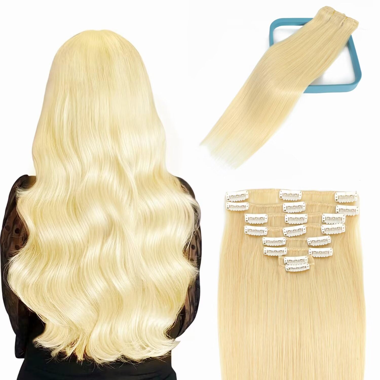 LORIEN Clip in Hair Extensions Real Human Hair, 22 Inch 110g, 613 Bleach Blonde, Clip in 100% Brazilian Remy Human Hair Extensio