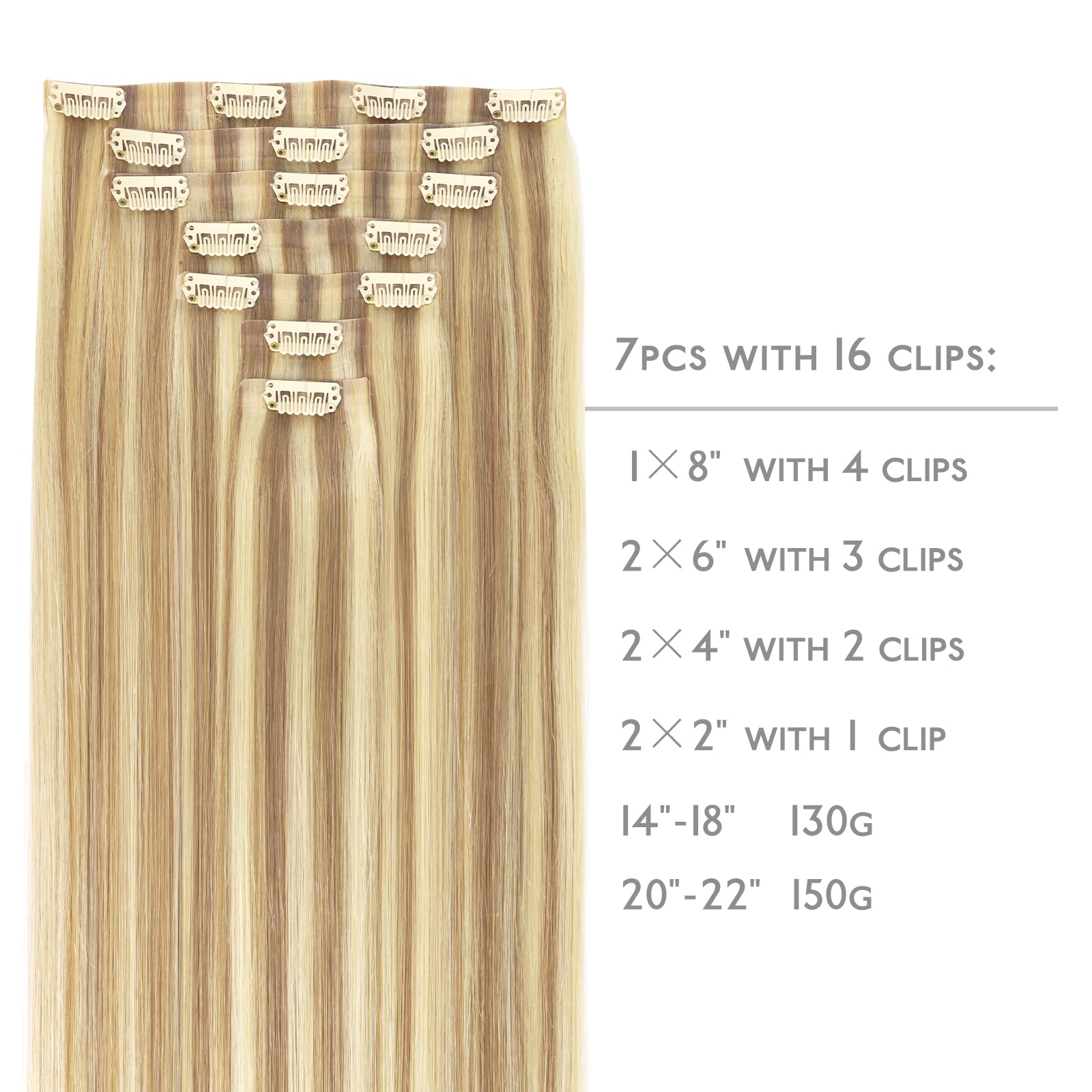 Wennalife Seamless Clip In Hair Extensions, 22 Inch 7Pcs 150G Light Blonde Highlighted Golden Blonde Hair Extensions Clip In Rea