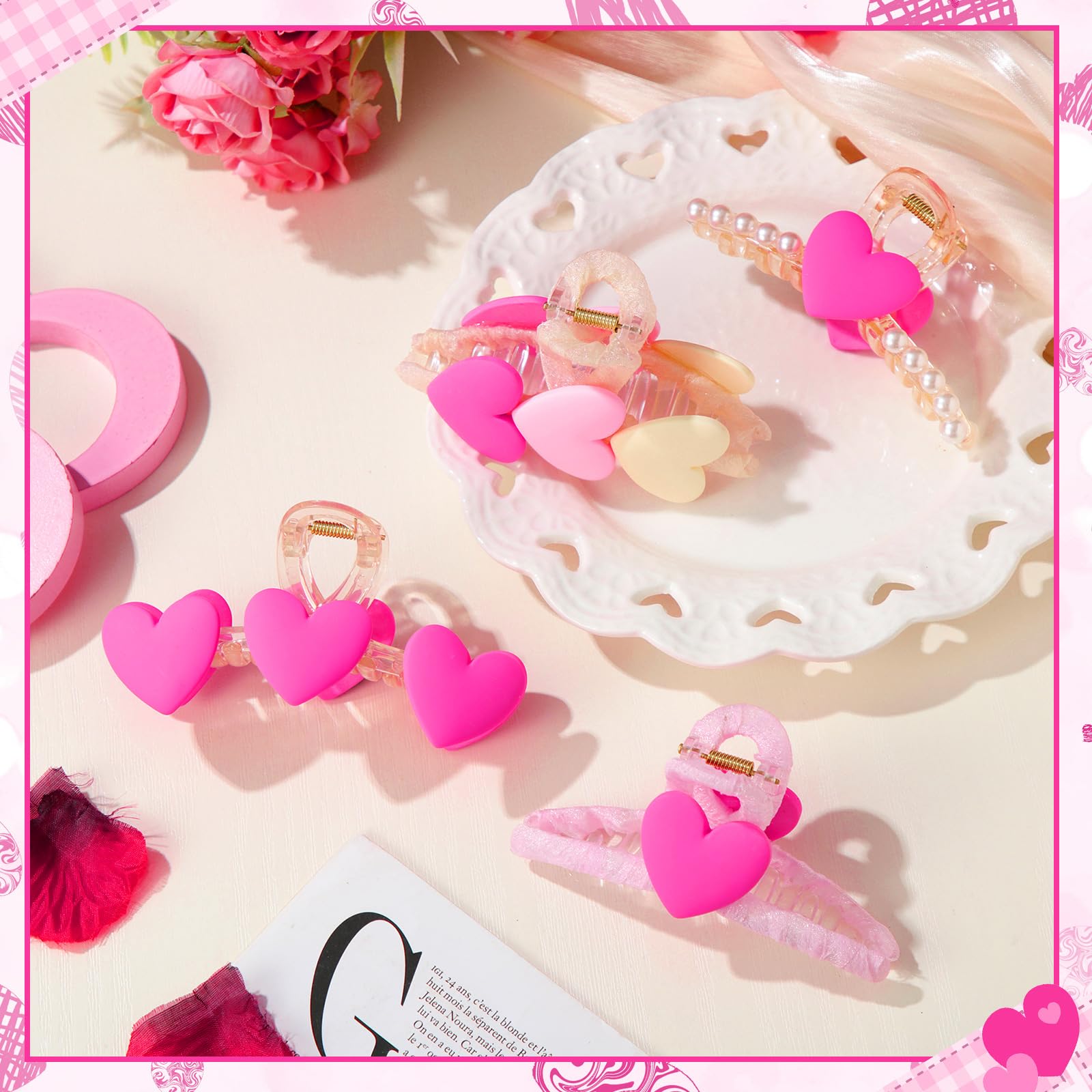 Yuxung 4 Pcs Valentine's Day Heart Hair Claw Clips for Women Hot Pink Strong Hold Hair Jaw Clip Pearl Heart Hairpins Sweet Lovel