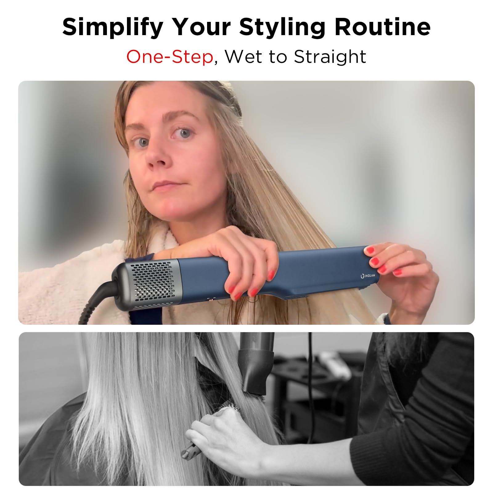 IG INGLAM Air Straight, Style from Wet Hair, 200M Ionic Hair Dryer Straightener for Medium Long Hair(14   -30   ), Straightener