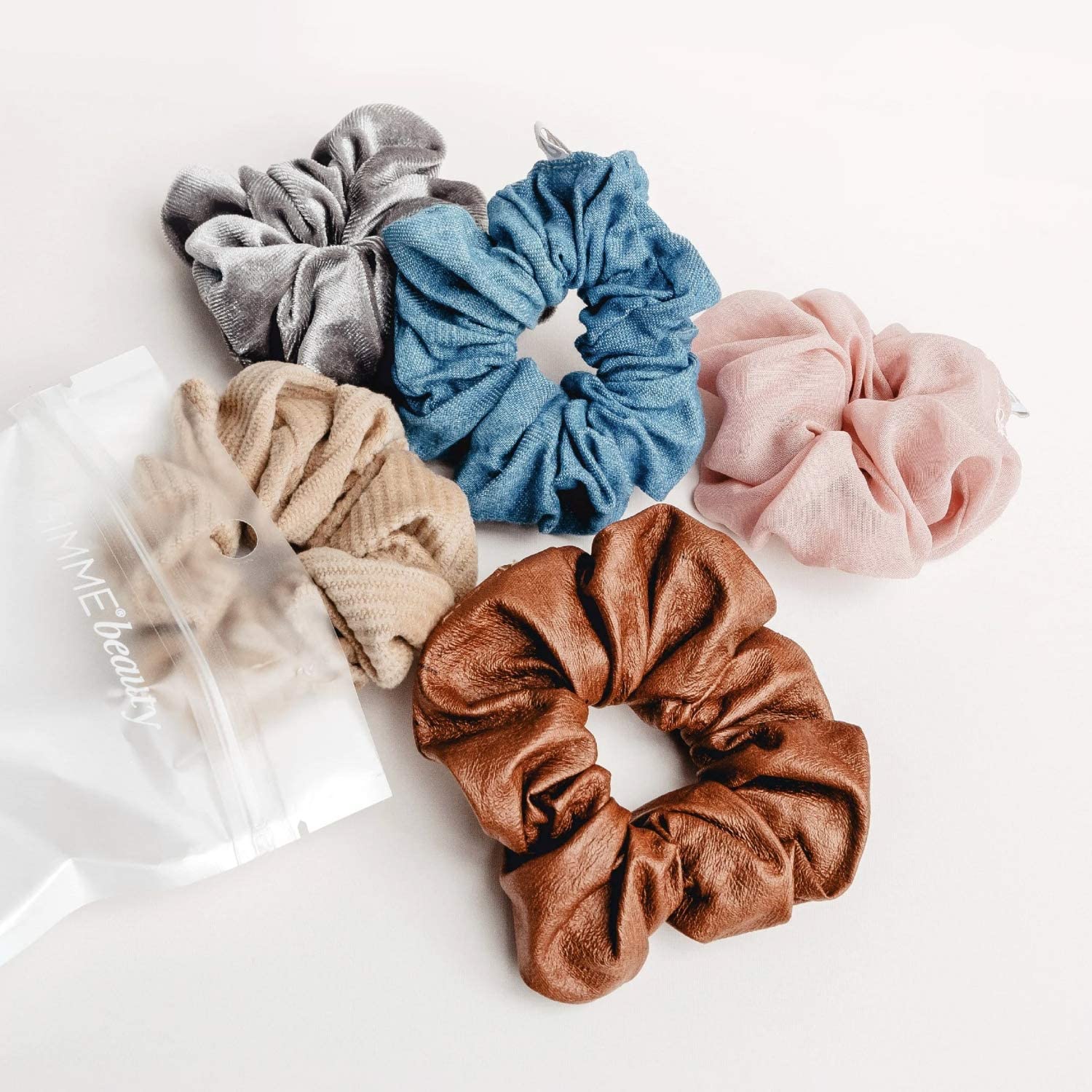 Gimme Beauty - Hair Scrunchies Variety Pack - Denim, Corduroy, Faux Leather, Blush, and Velvet Scrunchies - Gentle All Day Hold