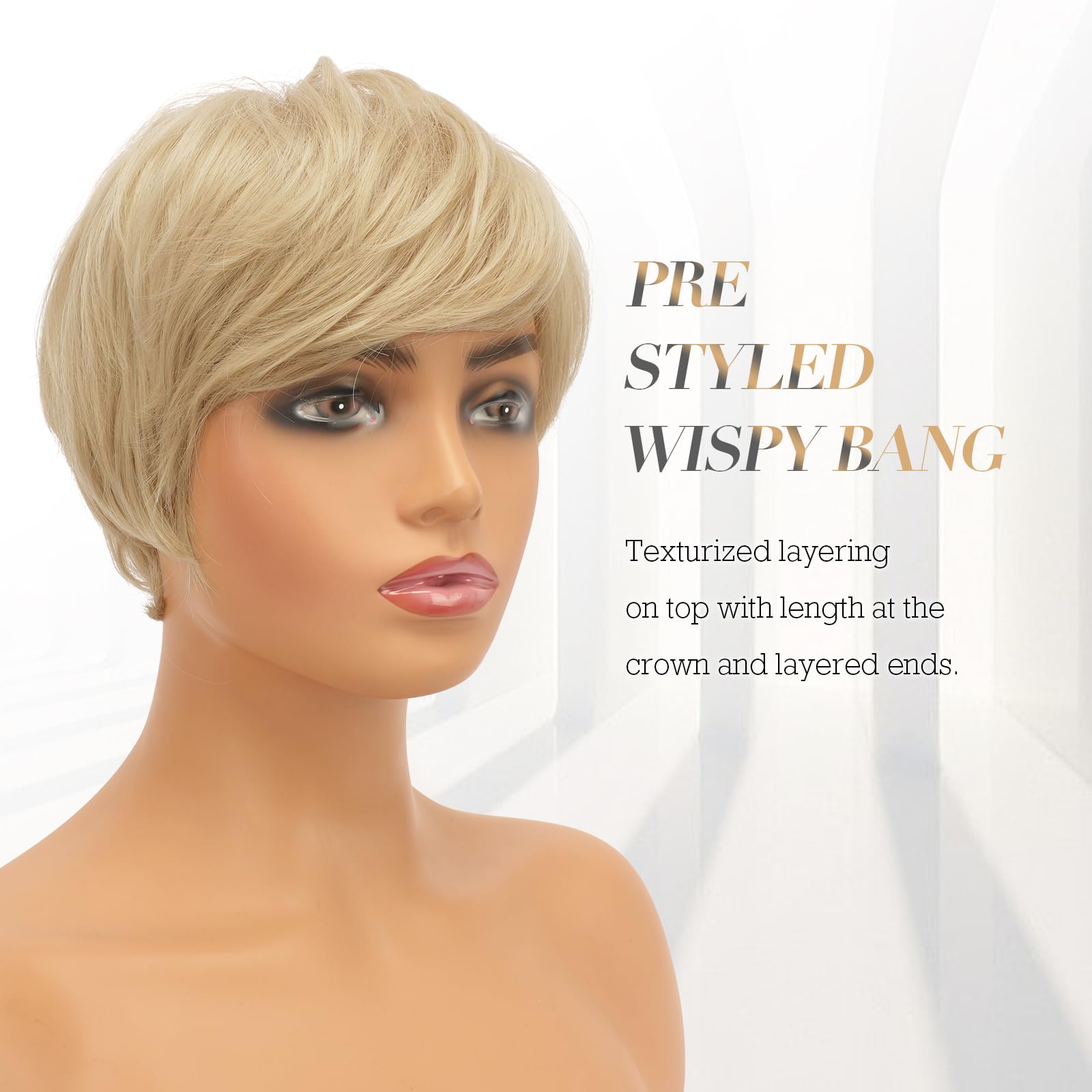 Feshfen Pixie Cut Wigs Synthetic Short Blonde Pixie Haircut Wig With Bangs Glueless Layered Wig Wavy Wigs For Women