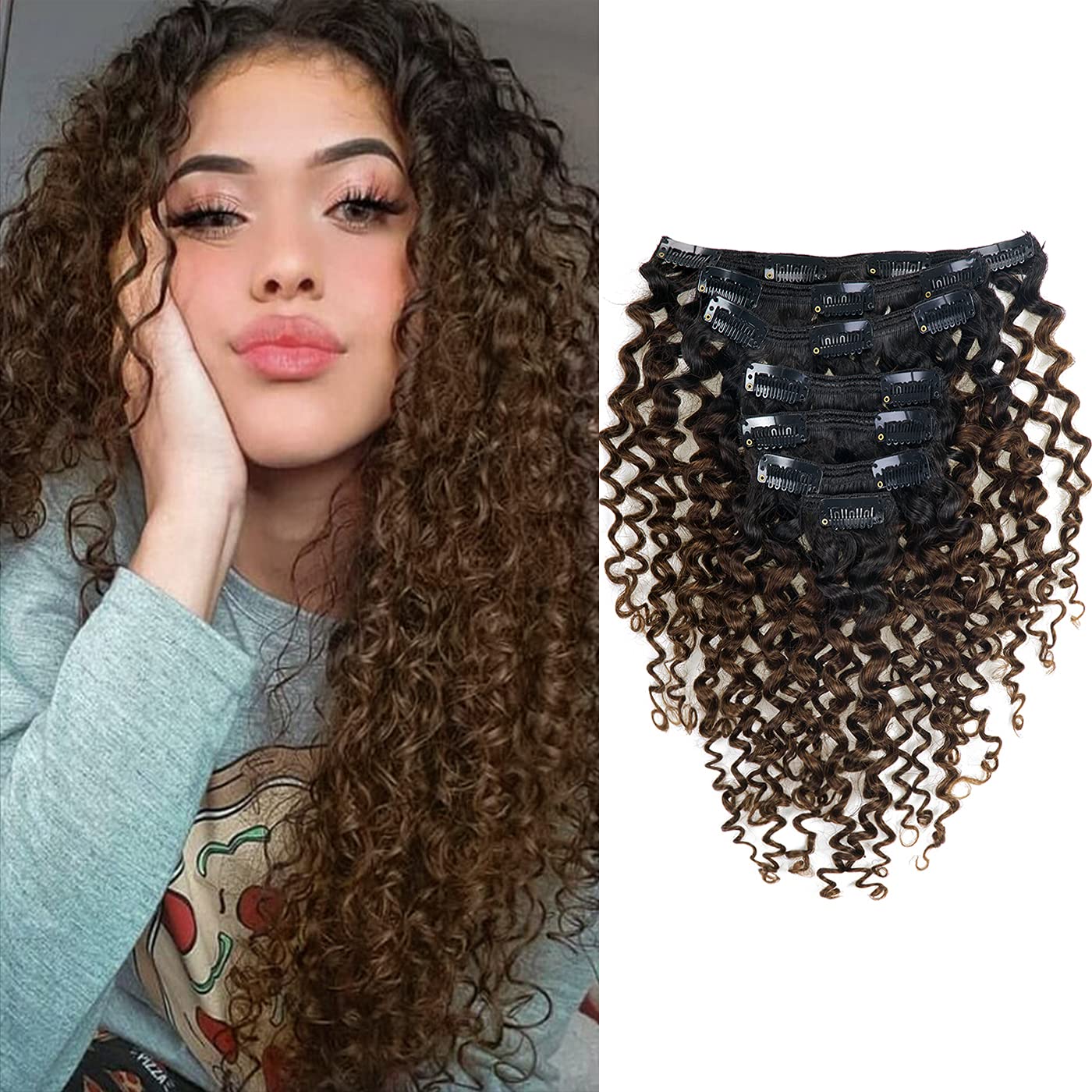 Anrosa 14inch 120gram Jerry Curly Clip In Hair Extensions Ombre Color Natural Clip In Hair Extensions For Black Women 3B 3C Type