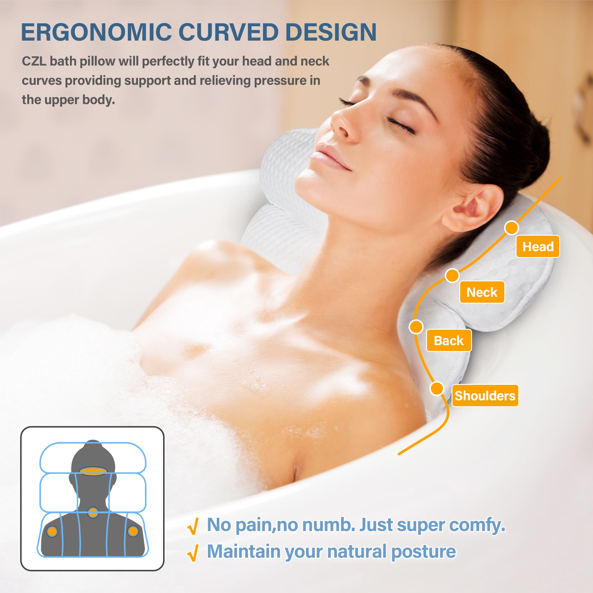 Bath Pillow Bathtub Pillow For Tub Luxury Bath Tub Pillows For Tub Neck And Back Support With 4D Air Mesh Fabric And 8 Strong Po