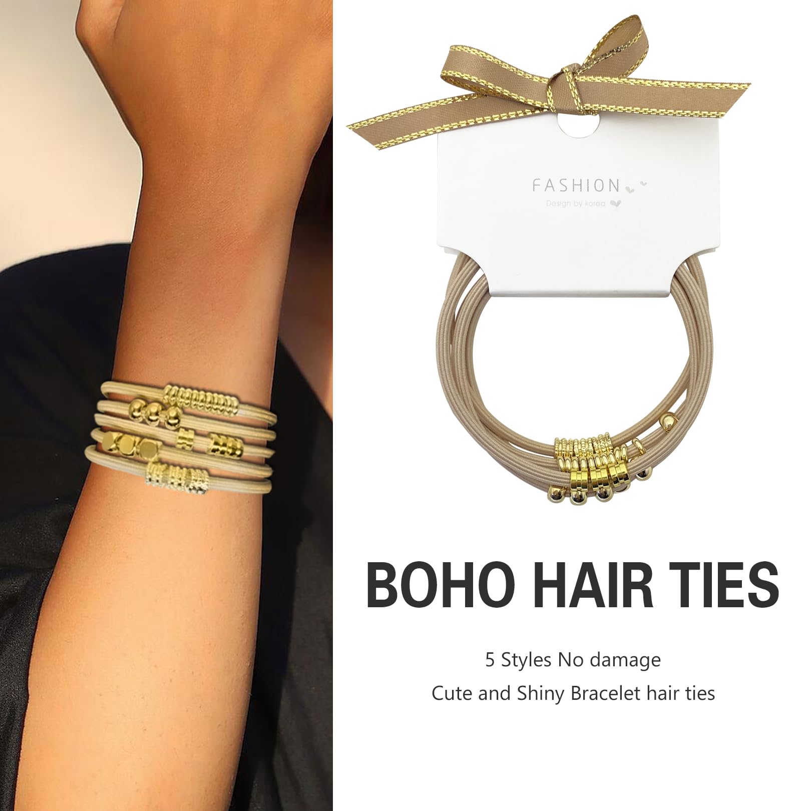 Blonde Boho Hair Ties Bracelet, Cute Ponytail Holders With Gold Bead Jewelry For Women, Trendy Elastic Hair Accessories For Thic
