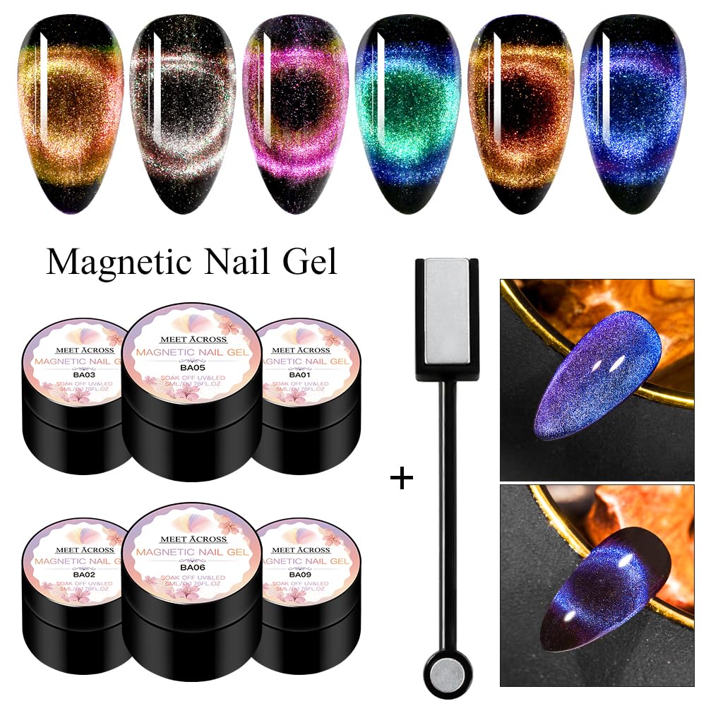 MEET ACROSS 9D Cat Eye Gel Nail Polish Set Chameleon Magnetic Gel Soak Off UV LED 7 Color Gel with Magnet Stick and Brush