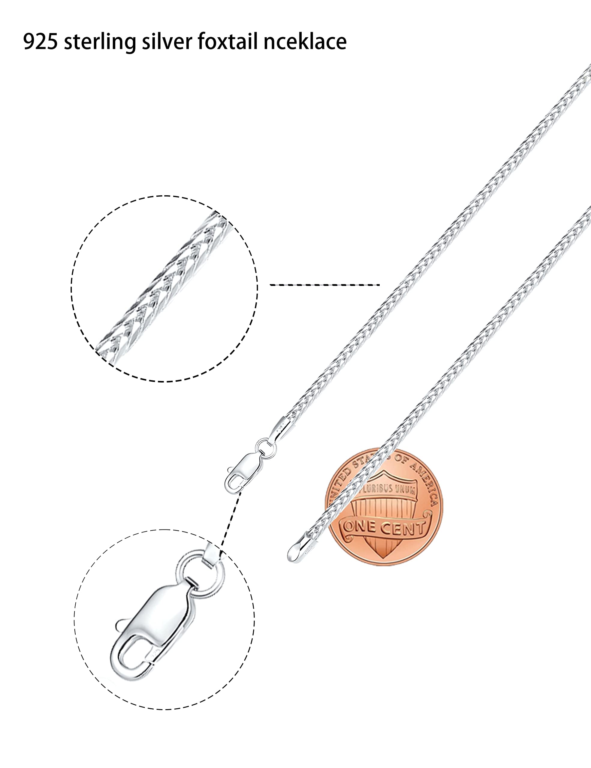 Waitsoul 925 Sterling Silver Square Foxtail Box Chain Lobster Clasp 2mm Silver Franco Chain for Men Women Silver Necklace Chain