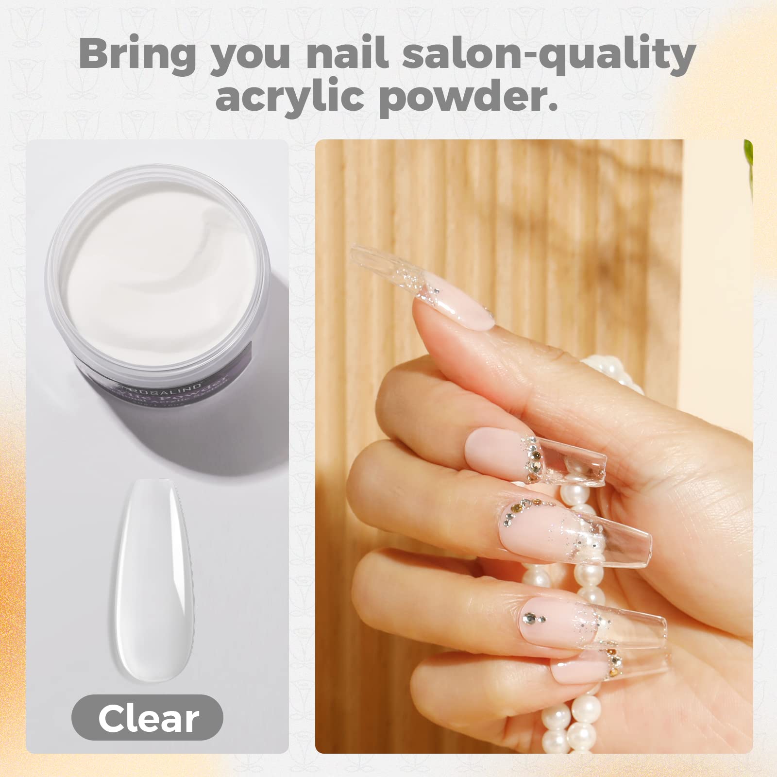 ROSALIND Clear Acrylic Nail Powder 50g/1.76oz Acrylic Clear Powder for Nail Acrylic Extension, Professional Crystal Polymer Clea