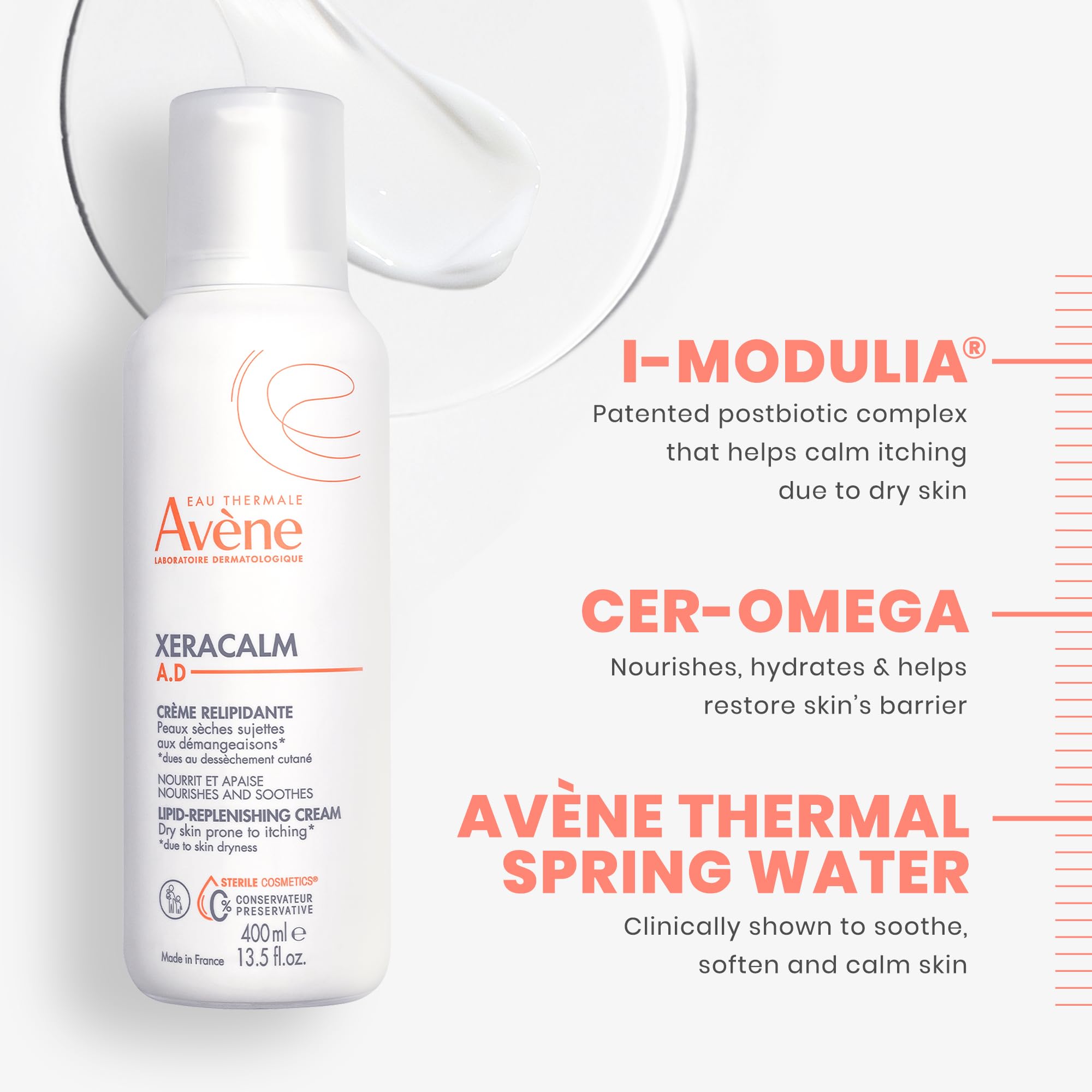 Eau Thermale Avane Xeracalm Ad Lipid-Replenishing Cream, Atopic Dermatitis, Eczema-Prone, No Preservatives, Fragrance-Free, Pump