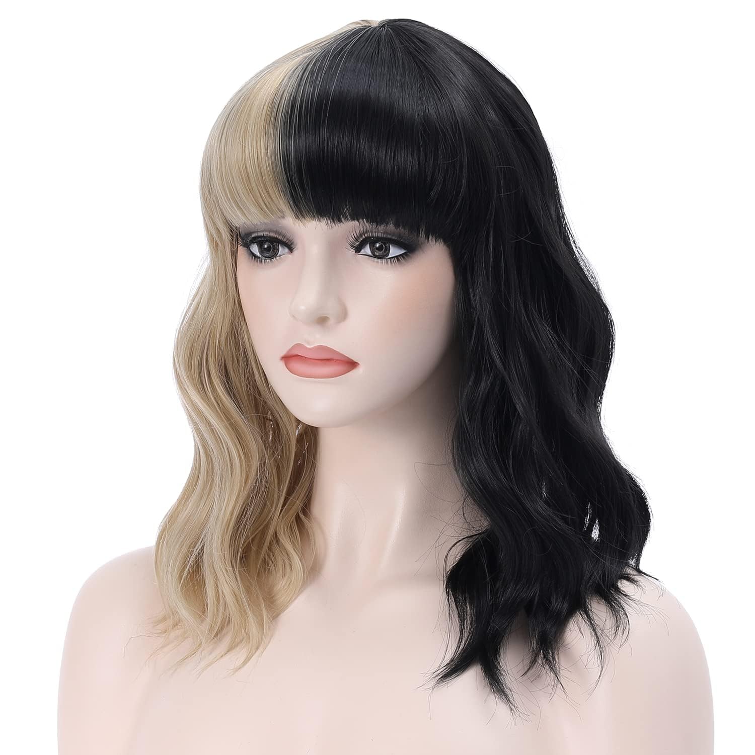 Pattnium Black And Blonde Wig Two Tone Wig Short Curly Black Blonde Wig With Bangs Split Wig For Women Heat Resistant Synthetic