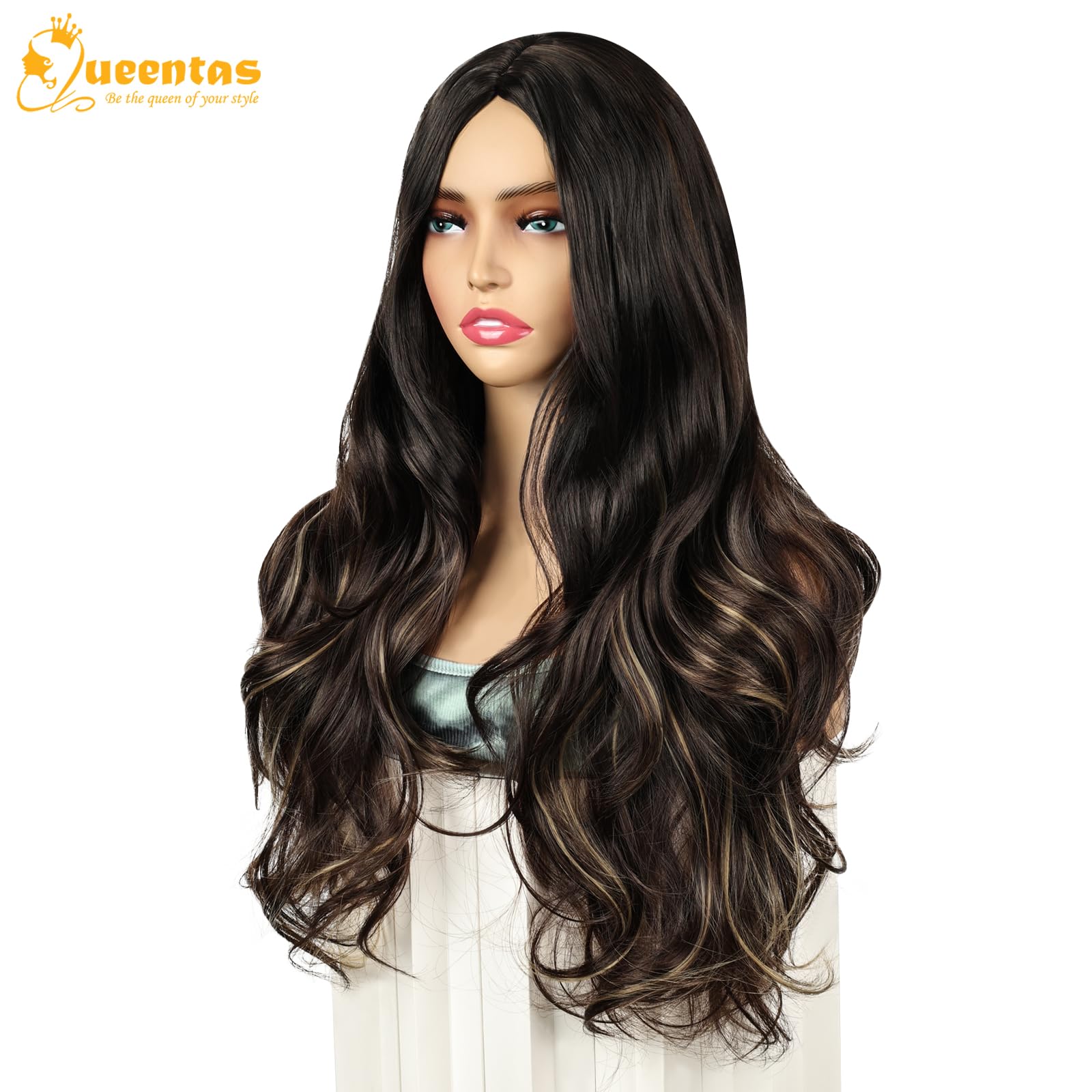 QUEENTAS Long Brown Wigs for Women Natural Synthetic Hair Wavy Wig(Dark Brown Highlight Blonde)