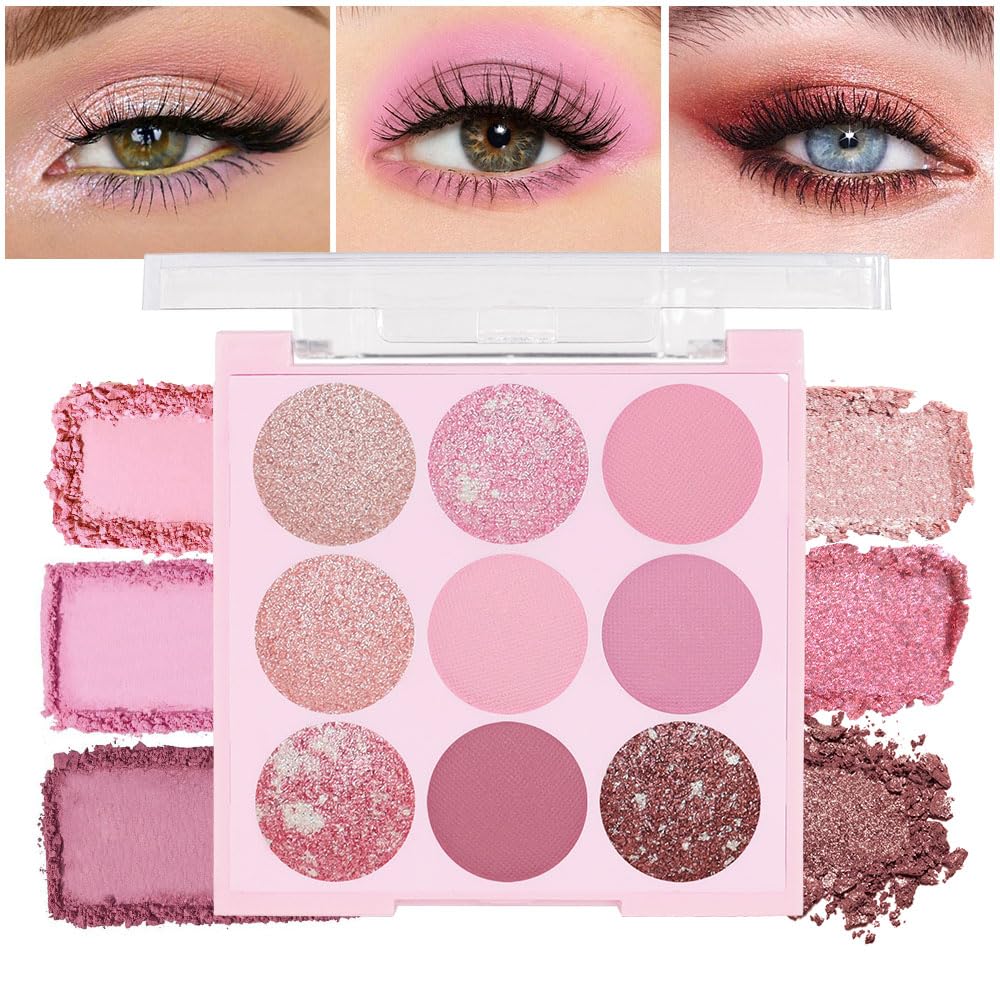 Amy'S Diary Pink Shimmer Eye Shadow Makeup Palette 9 Colors, Highly Pigmented Matte Glitter Shimmer Pearl Waterproof Party Spark