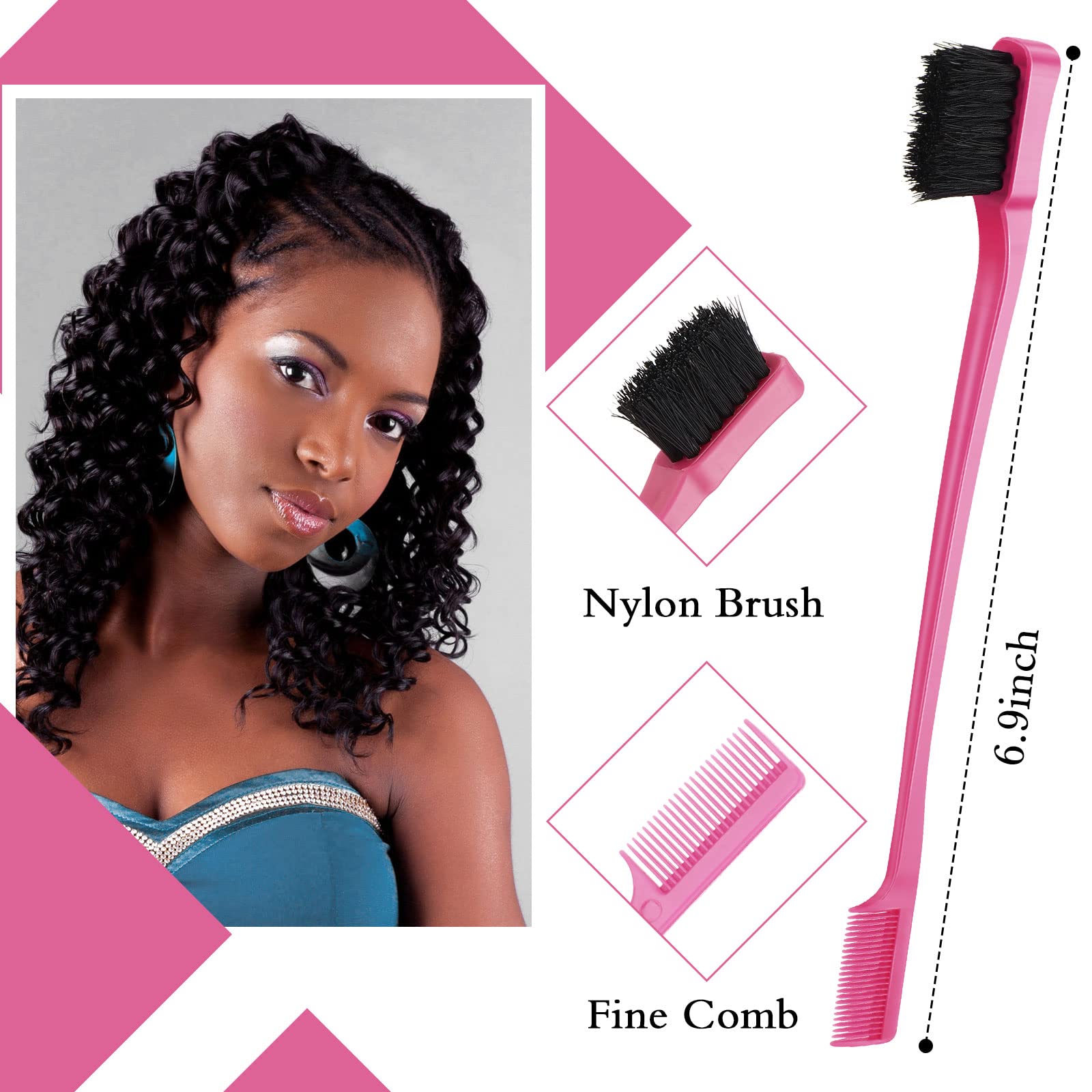 Geiserailie 3 Pcs Hair Brush Set - Bristle Edge Control & Teasing Comb, Plastic, Rose Red