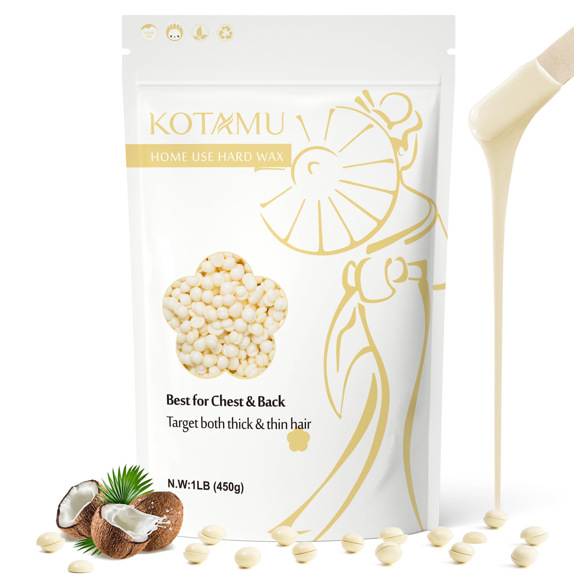KOTAMU Hard Wax Beads for Hair Removal - 1lb Sensitive Skin Thick Hair Formula for Full Body, Face, Chest, Back, Leg, Bikini Bra