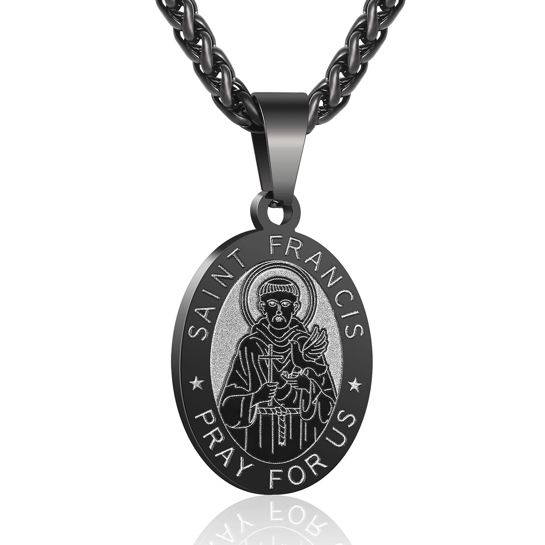P. BLAKE Black St. Saint Francis Medal Necklace, Oval Stainless Steel Catholic Saint Francis of Assisi Pendant Medallion Chain