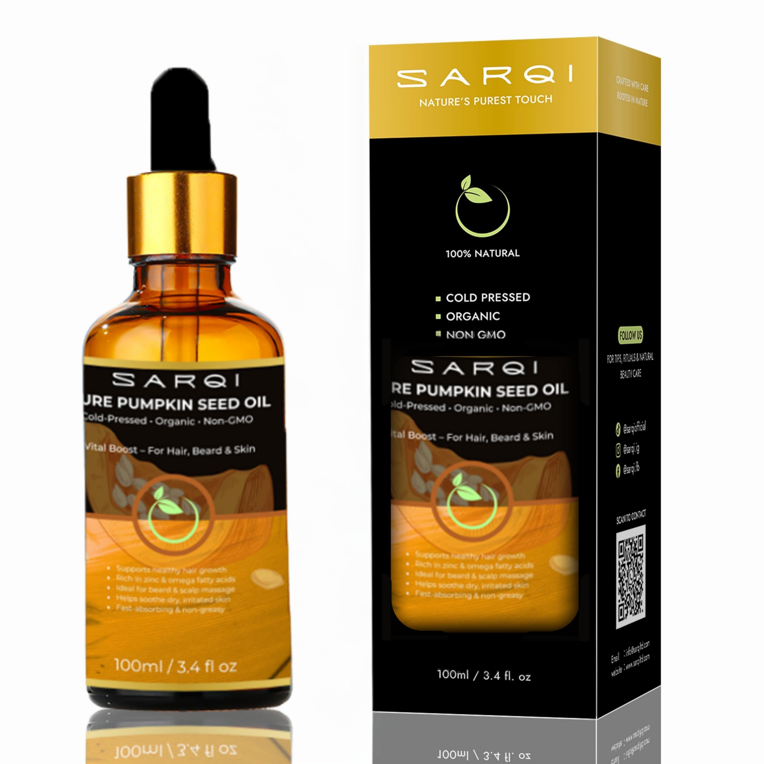 SARQI 100% Pure Pumpkin Seed Oil  ColdPressed, Unrefined Natural Oil for Face, Hair, Skin, Nails & Body  Lightweight, FastAb
