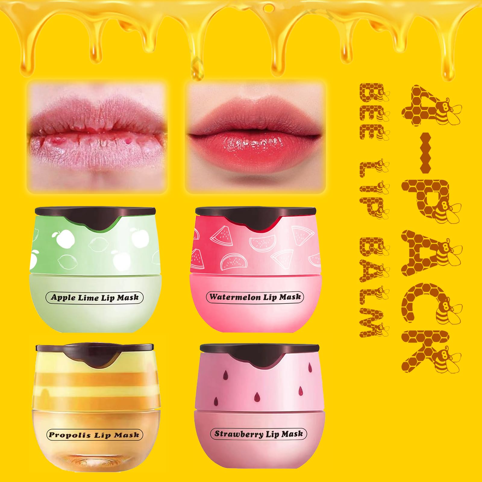 4Pcs Lip Balm Honey Pot, Honey Pot Lip Balm For Dry Cracked Lips, Strawberry Lip Balm Scrubs Exfoliator & Moisturizer, Hydrating