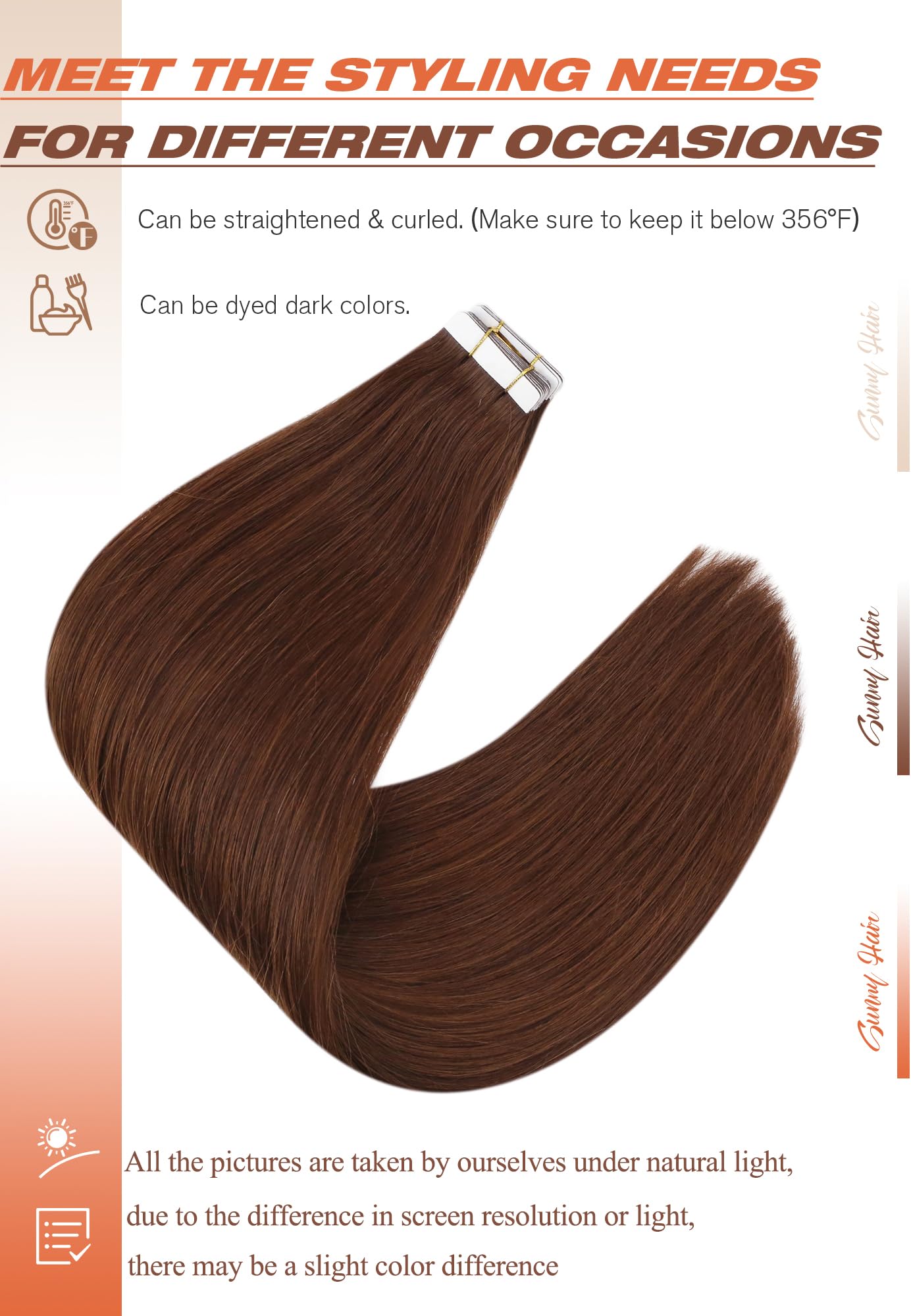 Sunny Hair Tape in Hair Extensions Real Human Hair Invisible Remy Hair Extensions Tape ins for Women Auburn Brown 14 inch 20Pcs