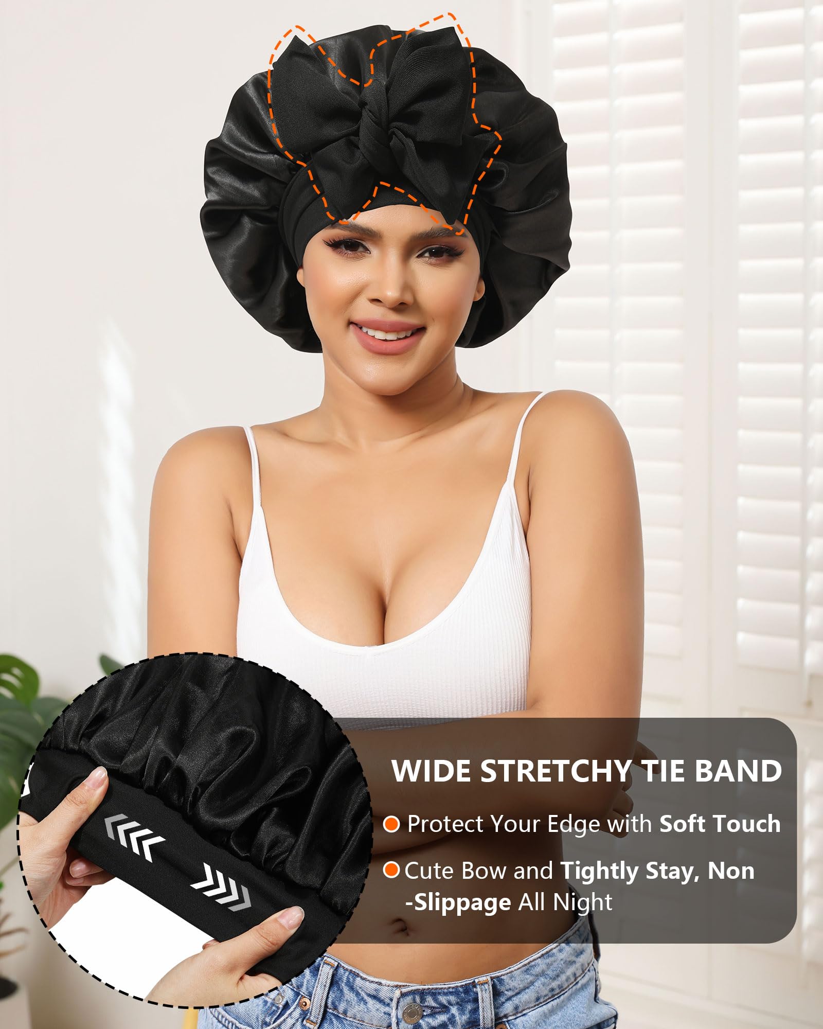 Satin Bonnet Silk Bonnet For Sleeping Women Hair Bonnet For Curly Hair Sleep Cap Reversible Double Layer Bonnet With Tie Band (B