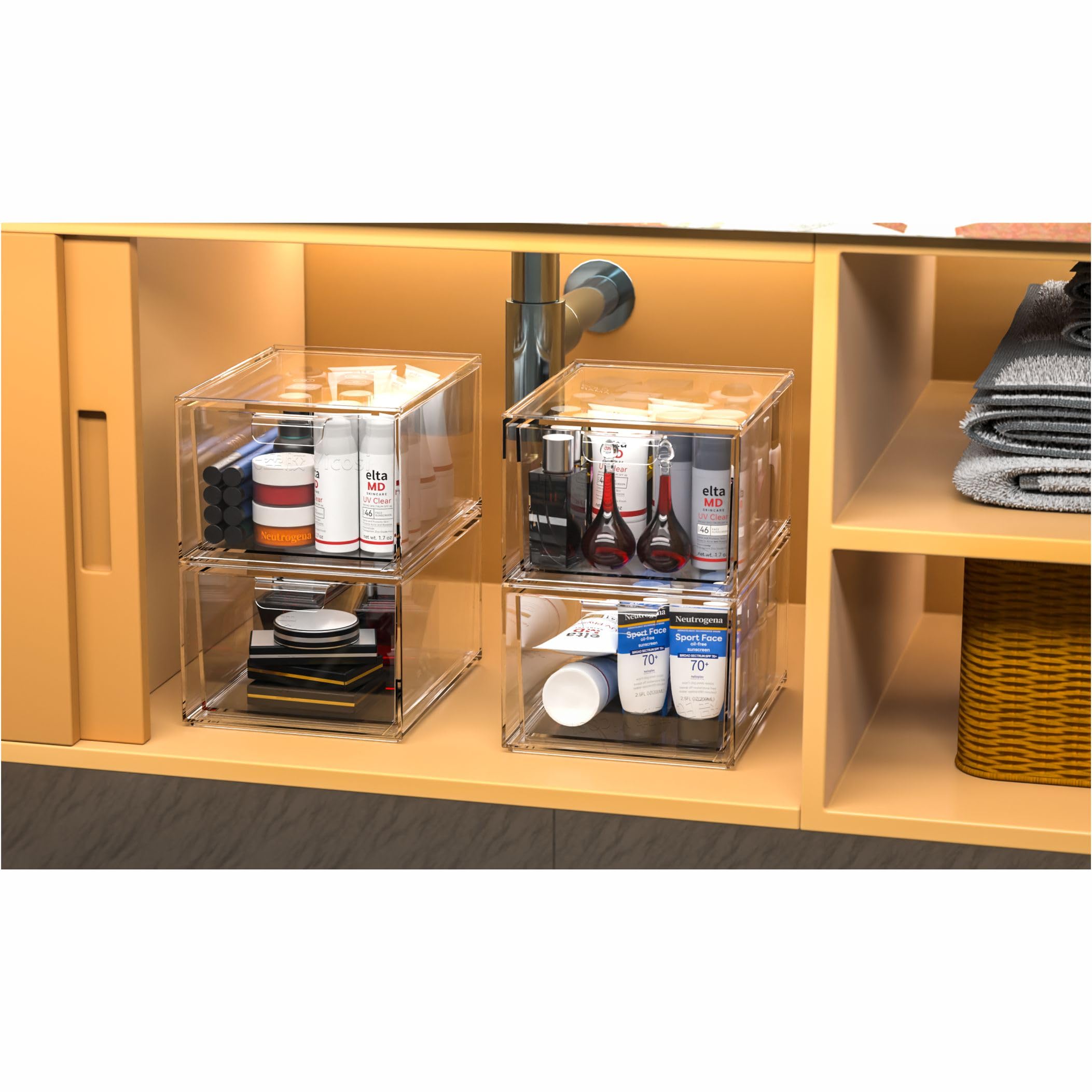 Cq Acrylic Stackable Storage Drawers Set Of 2,Under Cabinet Stackable Bins And Pull Out Drawers Storage Container,4.4'' Tall Cle