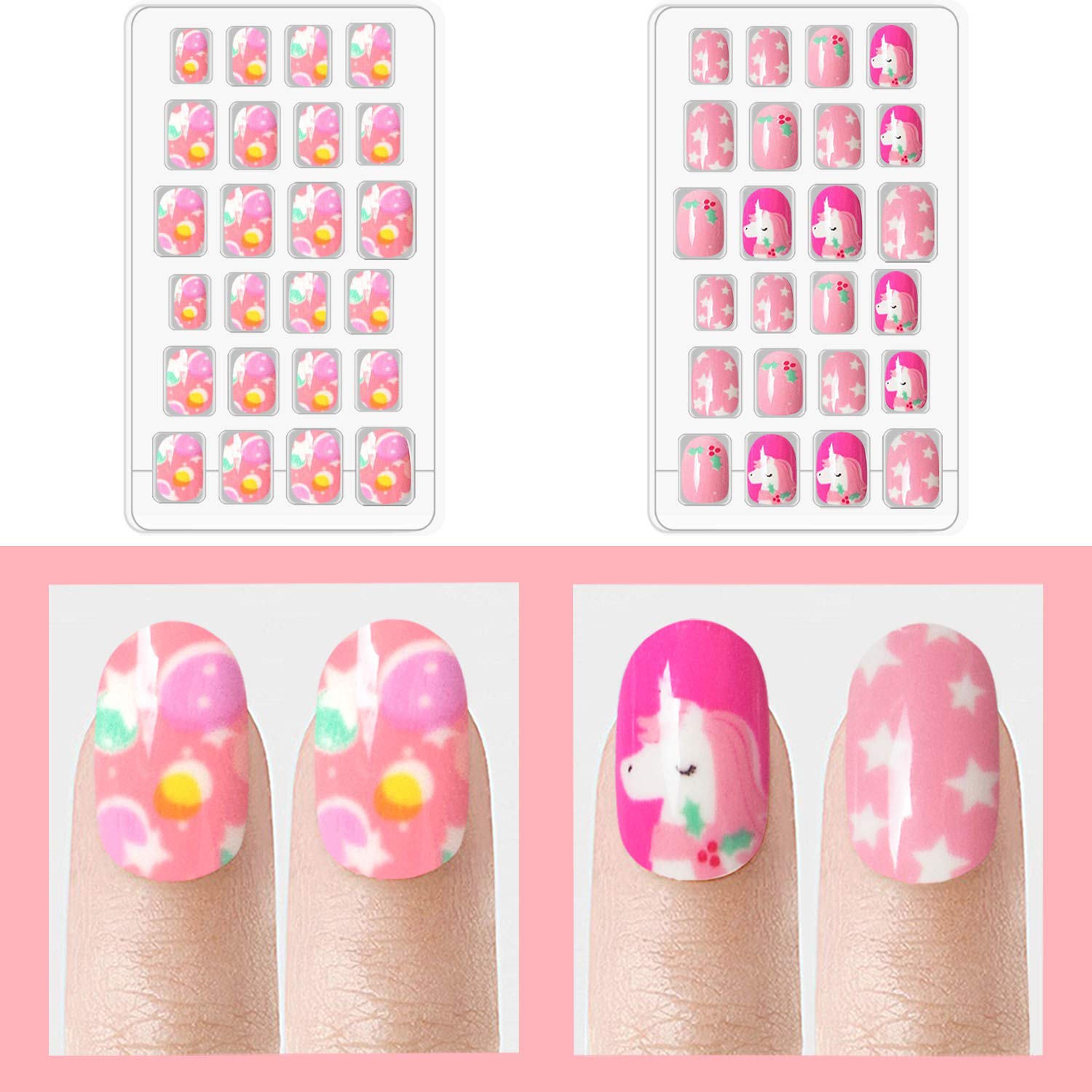 Laza 120pcs Children Nails Girls Press On Artificial Nail Tips Pre-glue Full Cover Short Cute False Nail Kits Lovely Christmas G