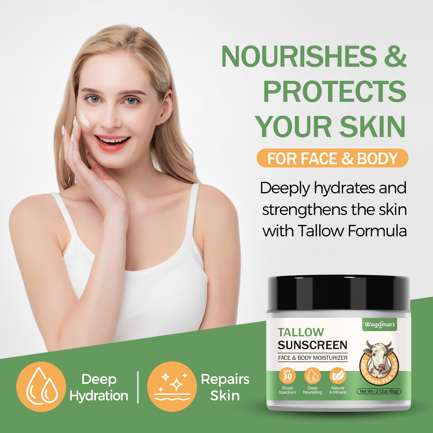 Wagomars Tallow Sunscreen SPF 30 - Non-Toxic Natural Mineral Sunscreen with Zinc Oxide & Beef Tallow - Organic Reef Safe Sunbloc