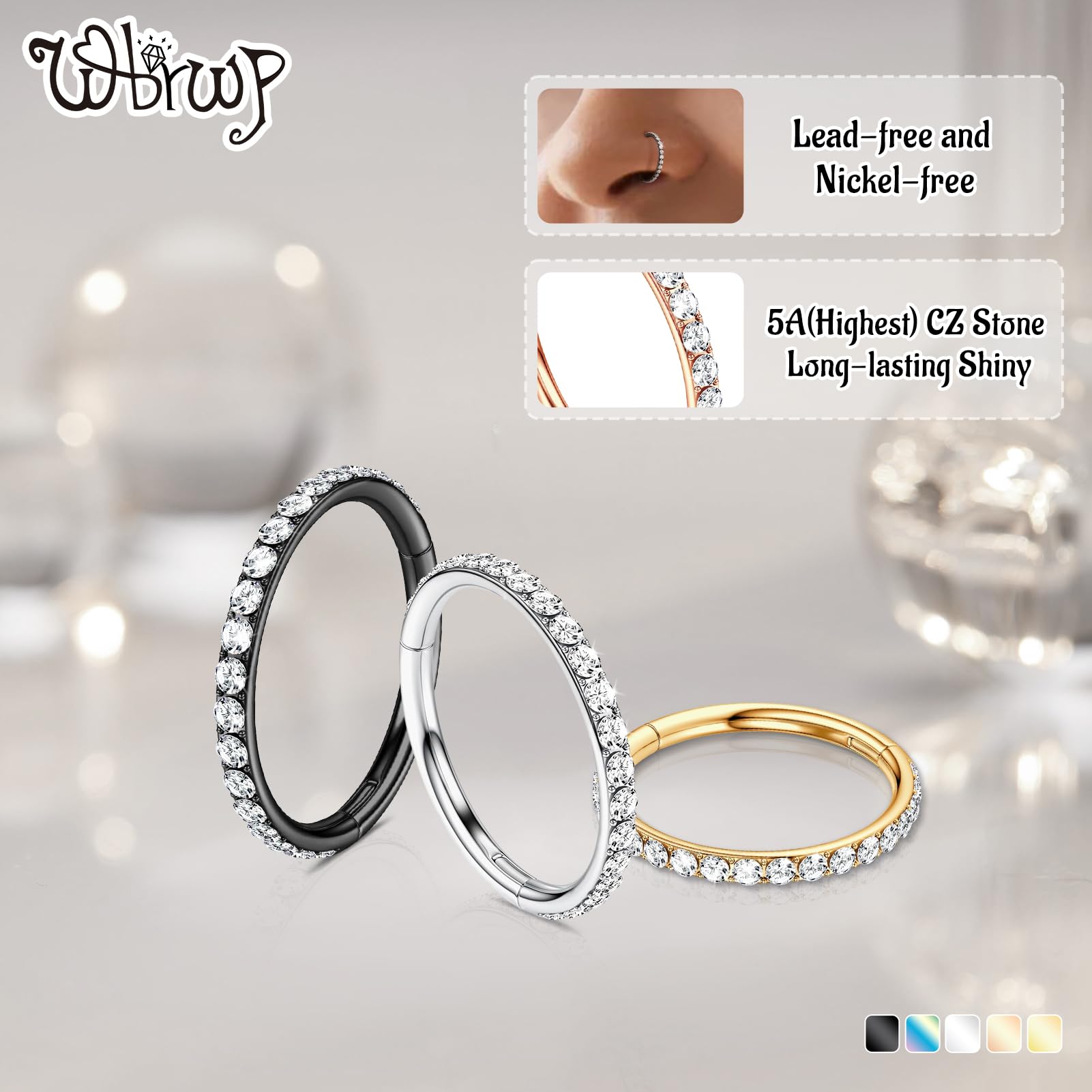 WBRWP 316L Stainless-Steel Hinged Nose-Rings-Hoop : 18G(1.0mm) Womens and Mens Pierecing Ring with Zircon Segment Ring Lip Rings